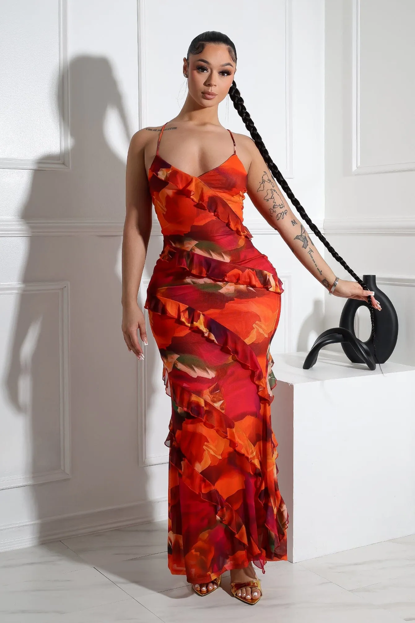 Jody Mesh Print Ruffle Maxi Dress Perfect Mood Simple Spirit