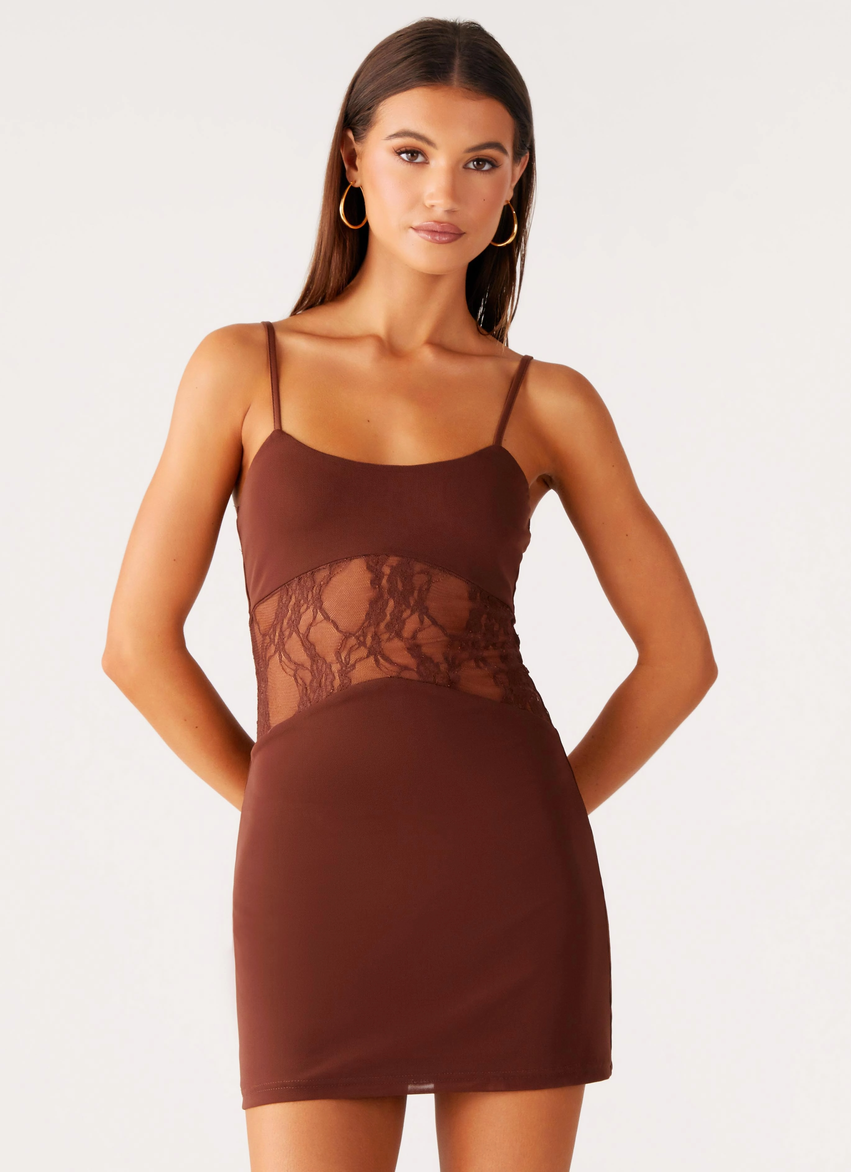 Contemporary Brand Twist Knot Details Jordanna Lace Mini Dress - Chocolate