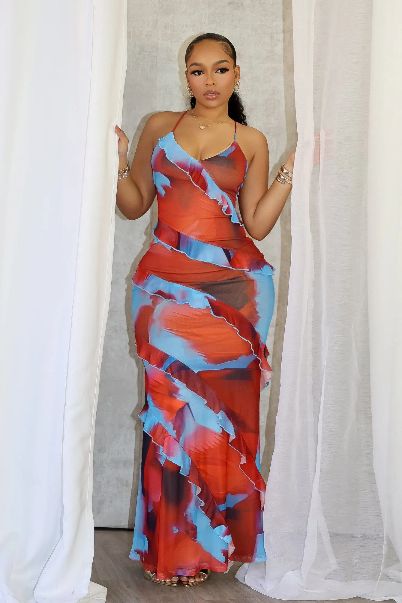 Josefina Mesh Print Ruffle Maxi Dress Bride Side