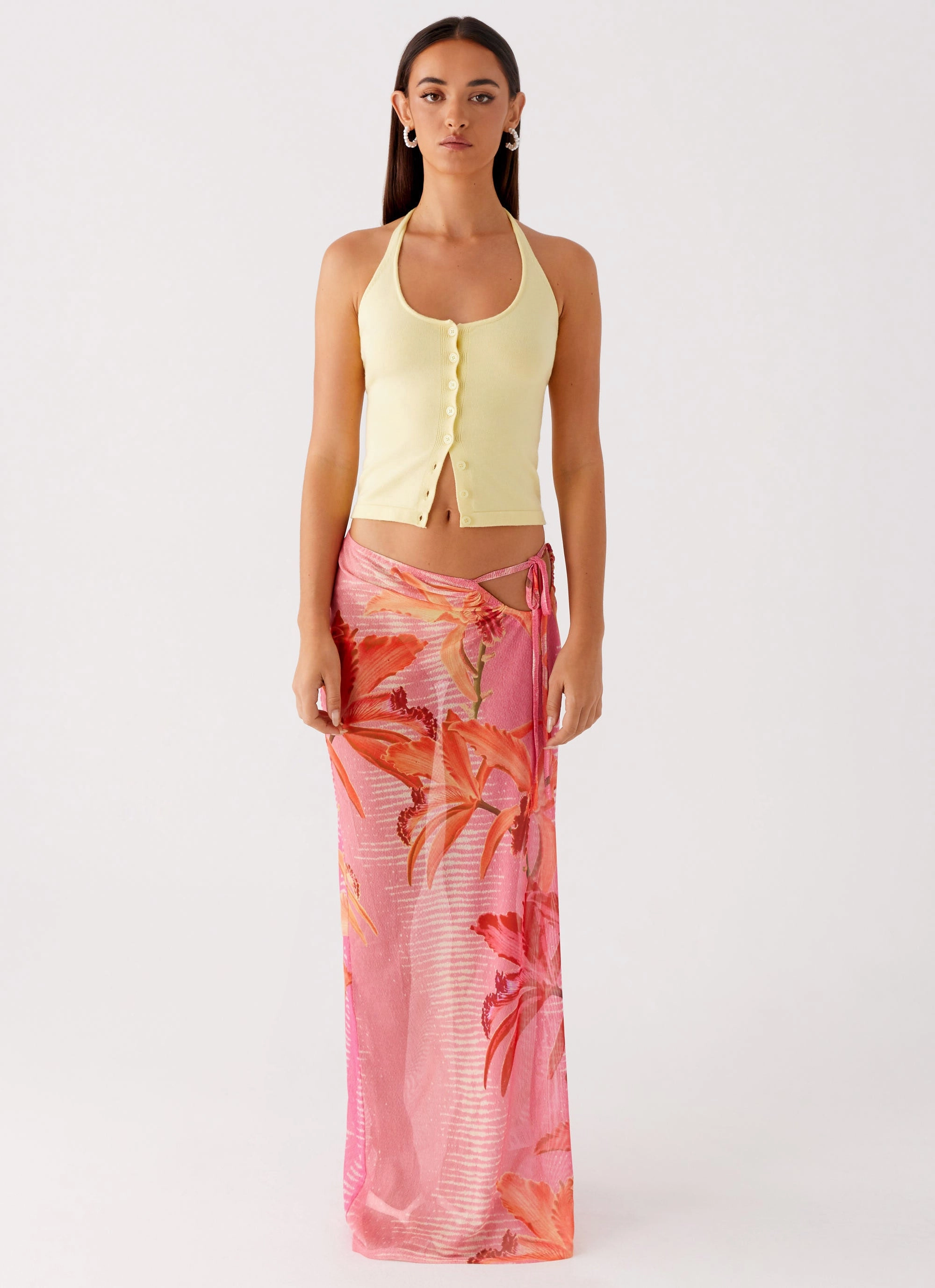 Jovani Maxi Skirt - Tropical Pink Print Matching Belt