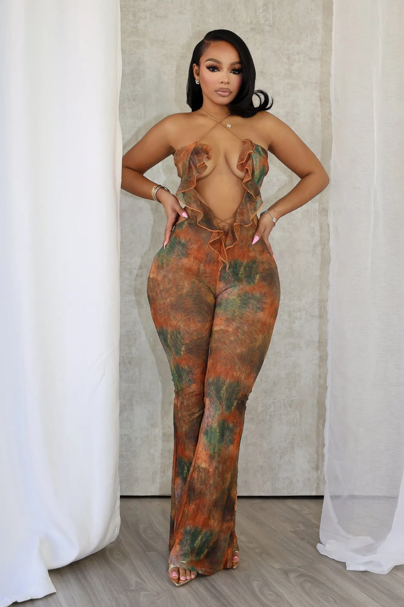 Timeless Design Julianne Print Ruffle Cross Jumpsuit