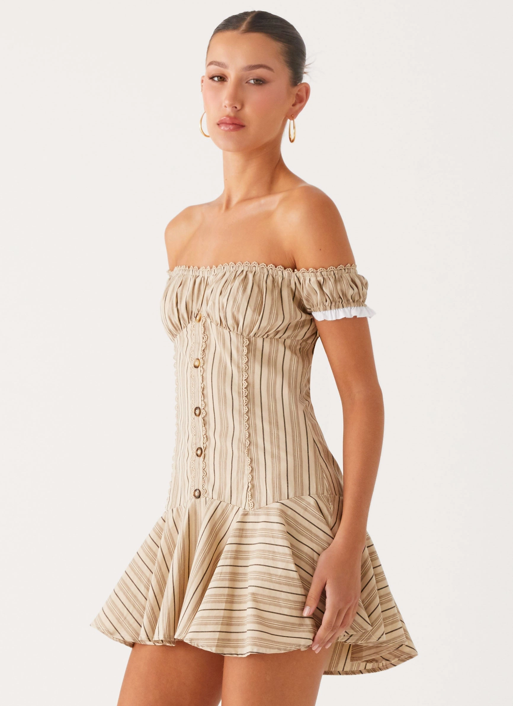 Flattering Design Comfortable and Fashionable Jumana Off Shoulder Mini Dress - Off White Stripe