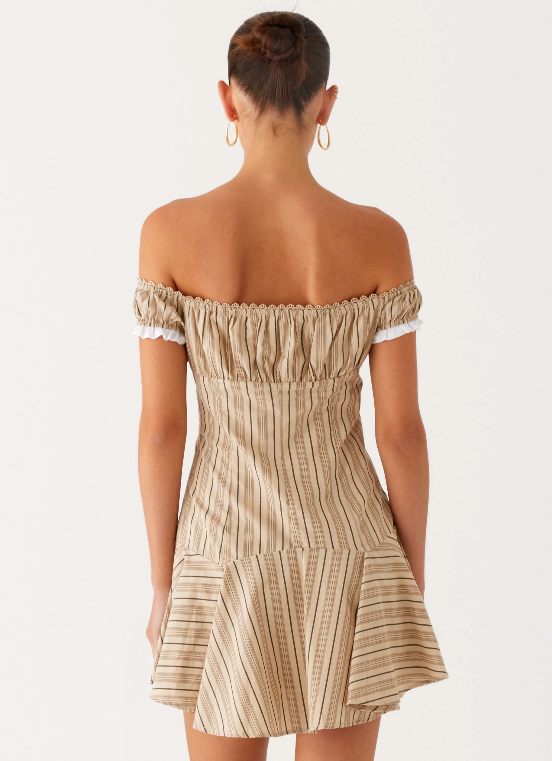 Jumana Off Shoulder Mini Dress - Off White Stripe Relaxed Feel Ethically Made
