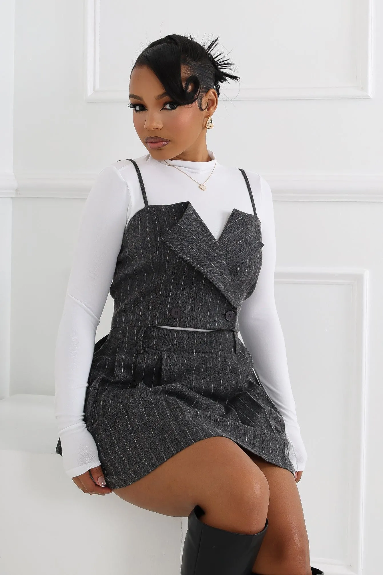 BreathableFabric TurtleneckDesign Kamali Pin Stripe Woven Tailored Top