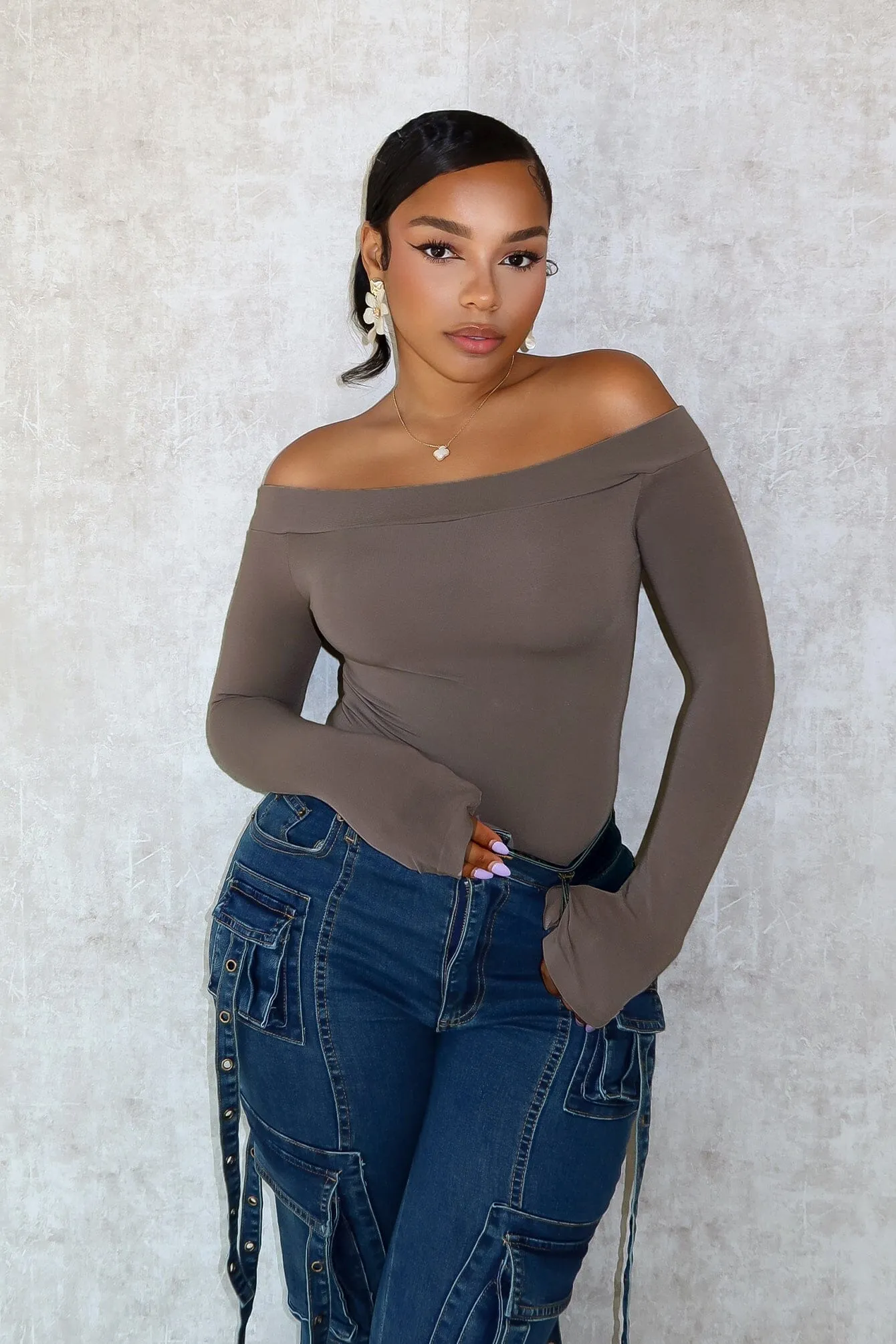 Flexible Waistband Summer Style Katie Off Shoulder Long Sleeve Bodysuit