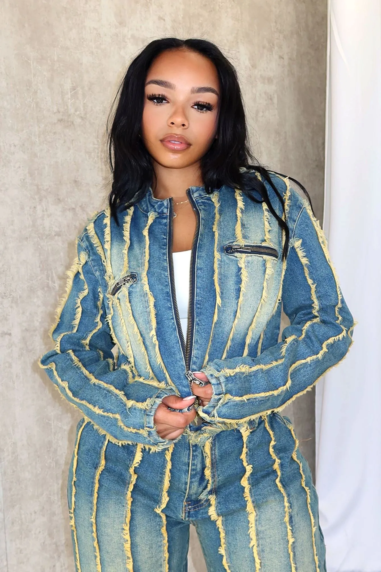 Soft Wool ribbed texture Katrina Frayed Hem Denim Jacket