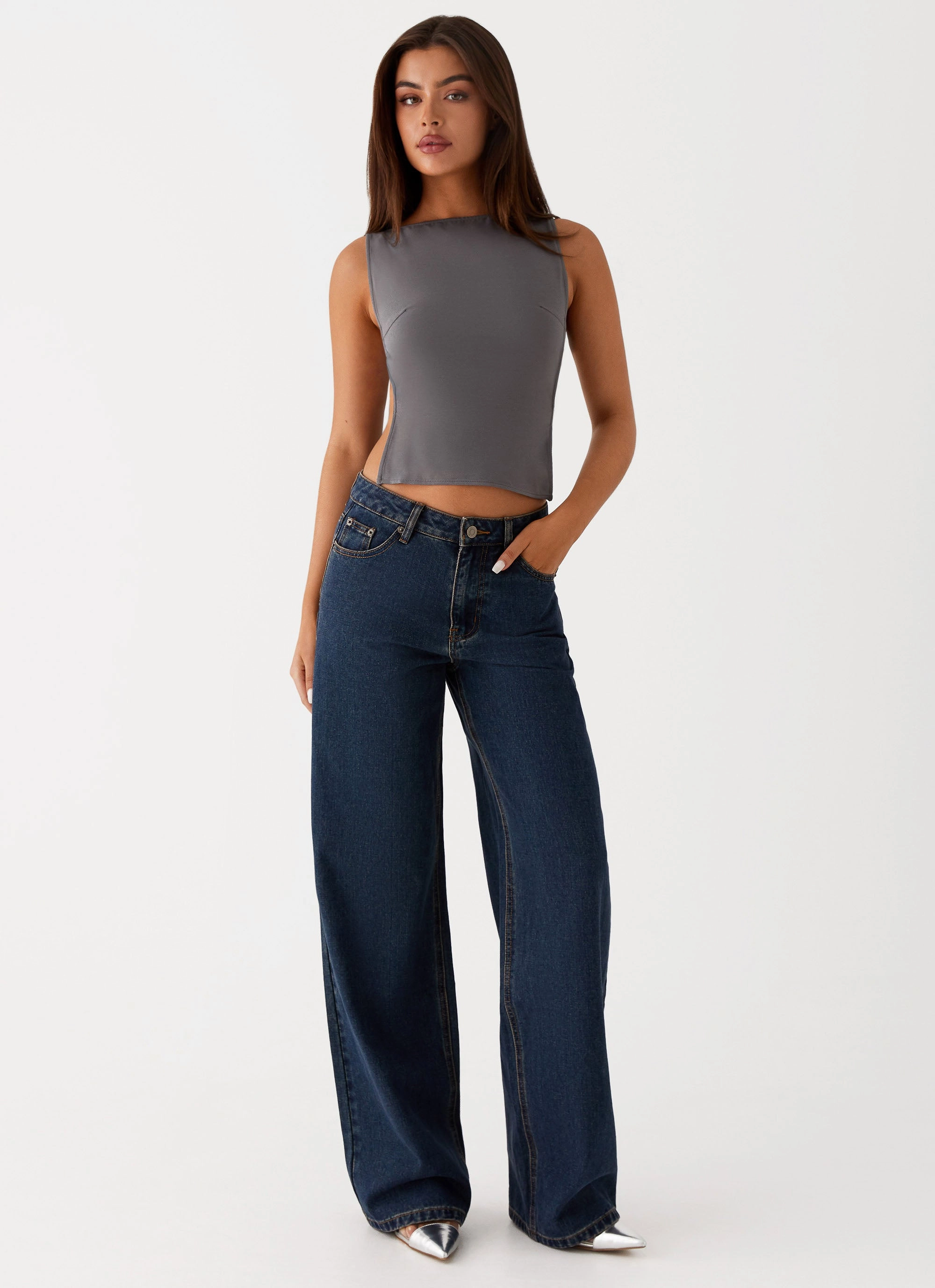 Keanna Low Rise Denim Jeans - Washed Denim Weighted Hemline Simple Fit