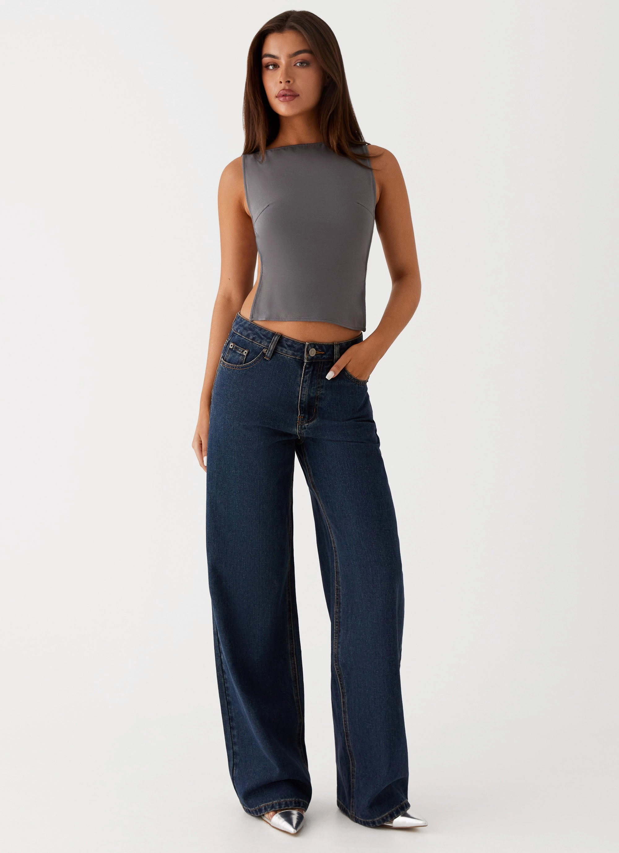 Simple Fit Adjustable Belt Loops Keanna Low Rise Denim Jeans - Washed Denim