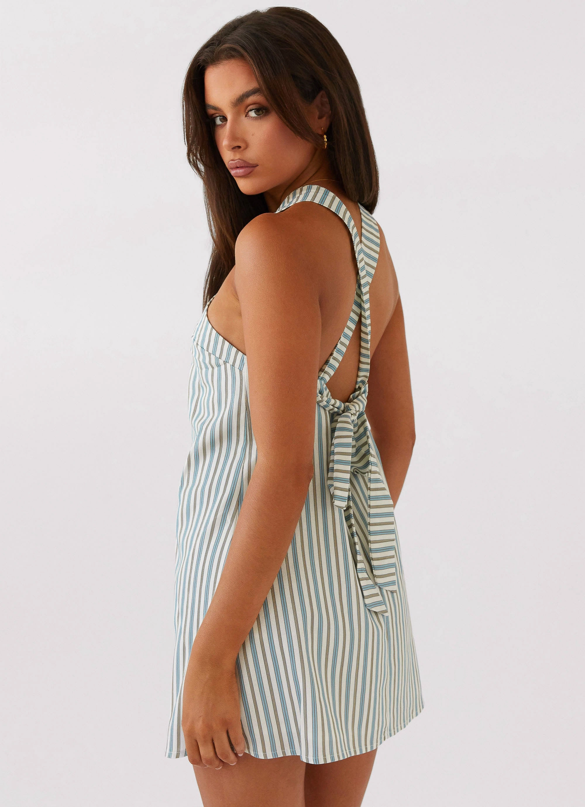 Adjustable Closure Minimal Style Keira Linen Mini Dress - Blue Choc Stripe