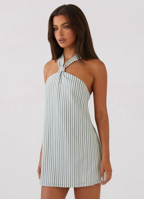 Flared hem Draped Silhouette Keira Linen Mini Dress - Blue Choc Stripe