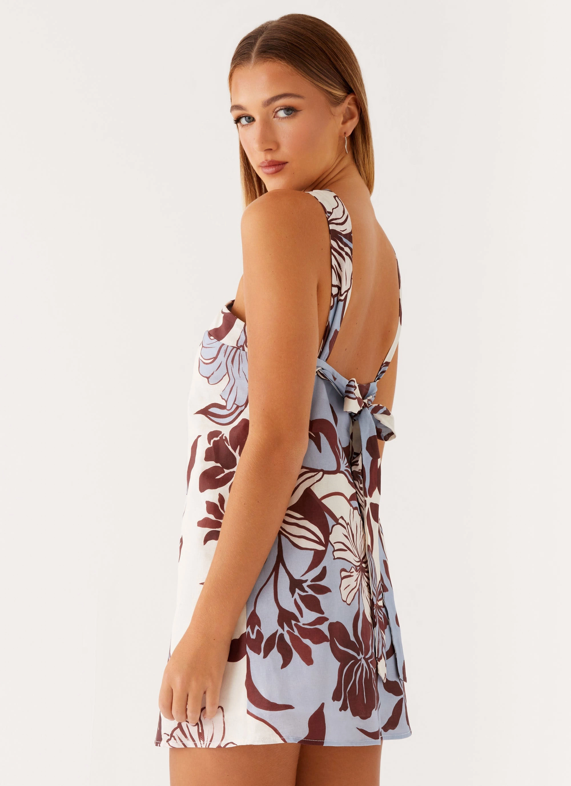 Keira Linen Mini Dress - Bluewood Blossom Olive Fresh