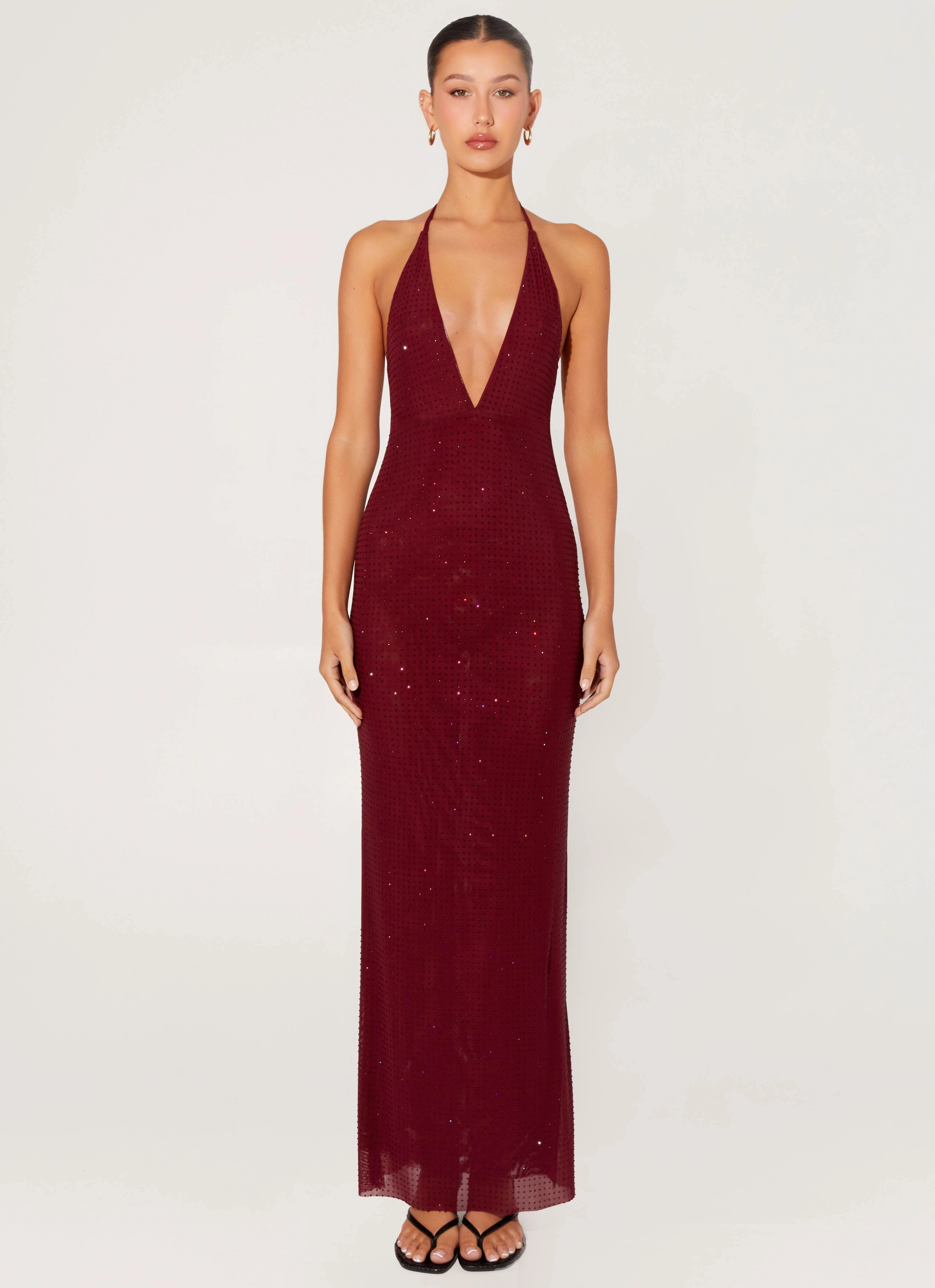 Keliese Beaded Maxi Dress - Burgundy Flared-Hem Vintage Vibe
