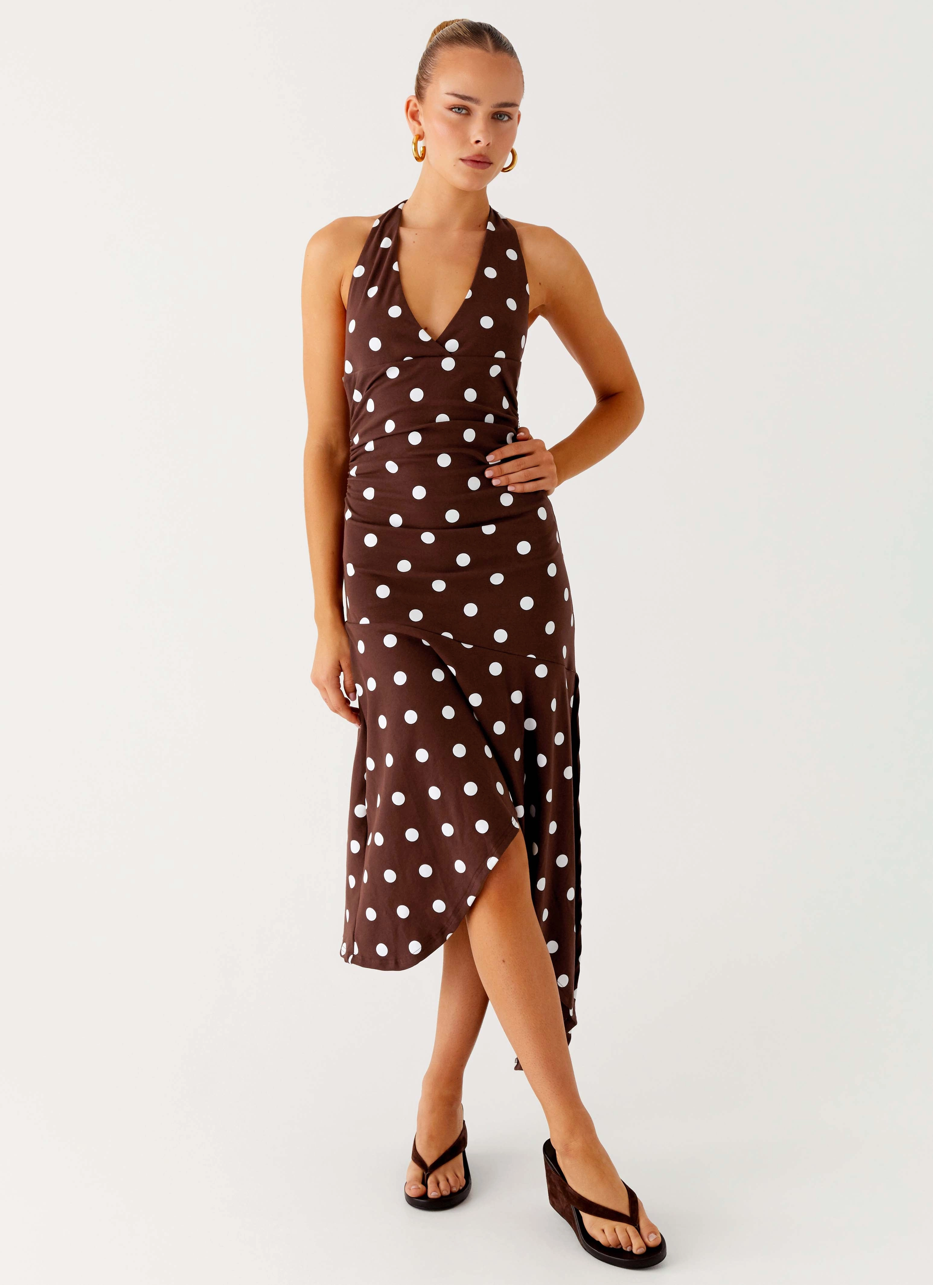 Keylani Halter Midi Dress - Chocolate Silky Layer Fall Mood