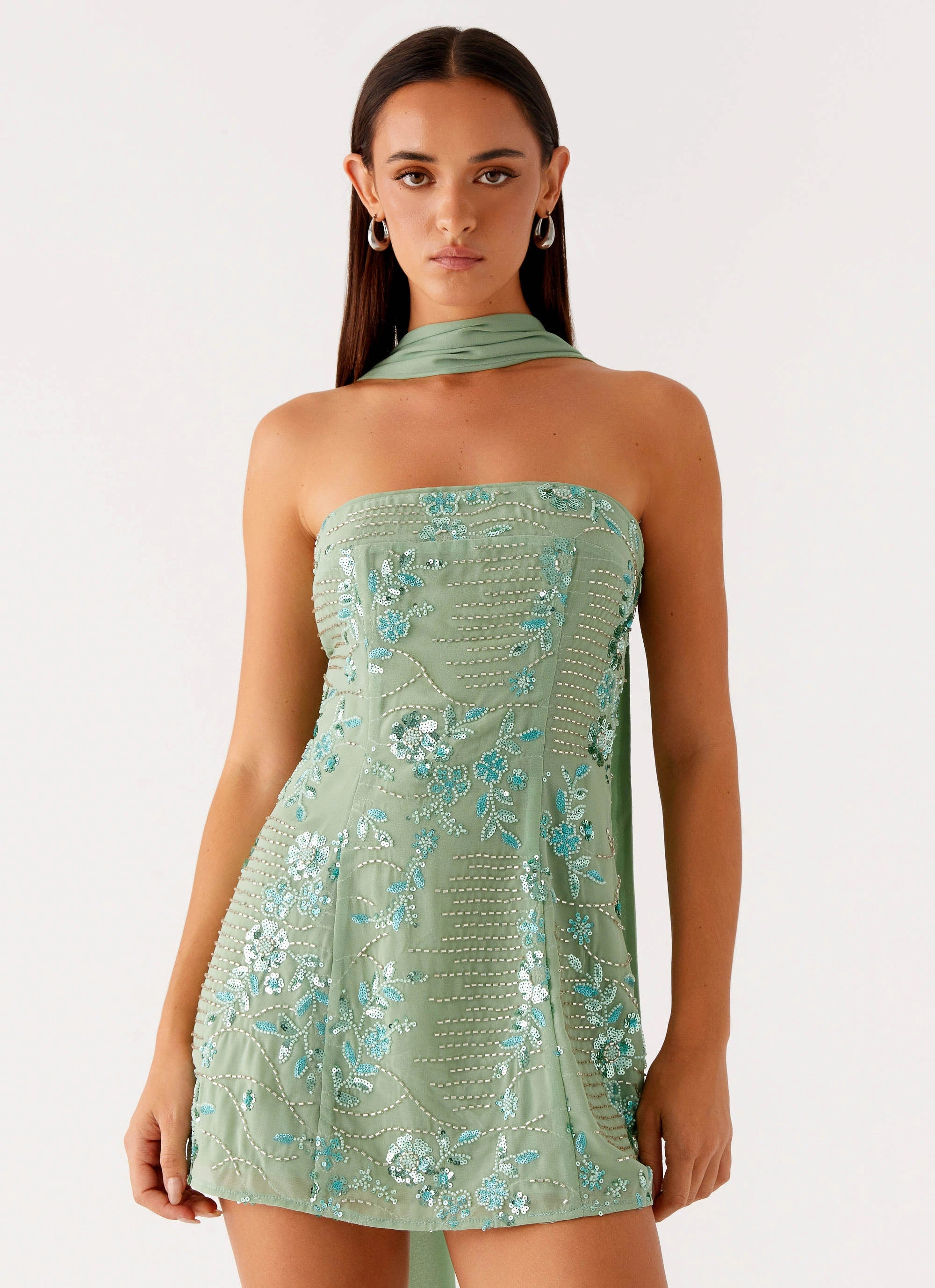 Kiesha Strapless Scarf Mini Dress - Mint Statement Piece Soft Motion