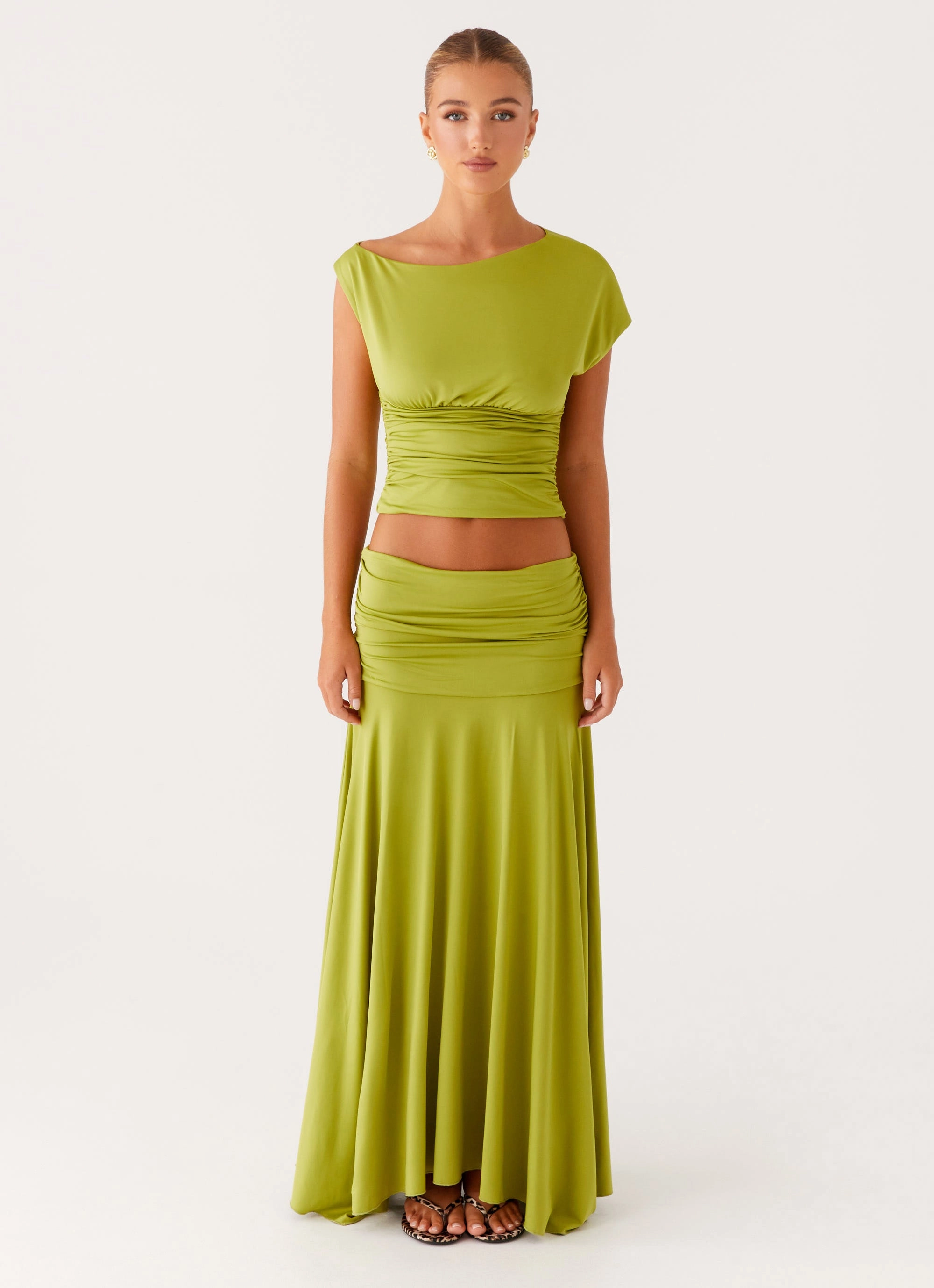 Liana Ruched Maxi Skirt - Green Casual Edge