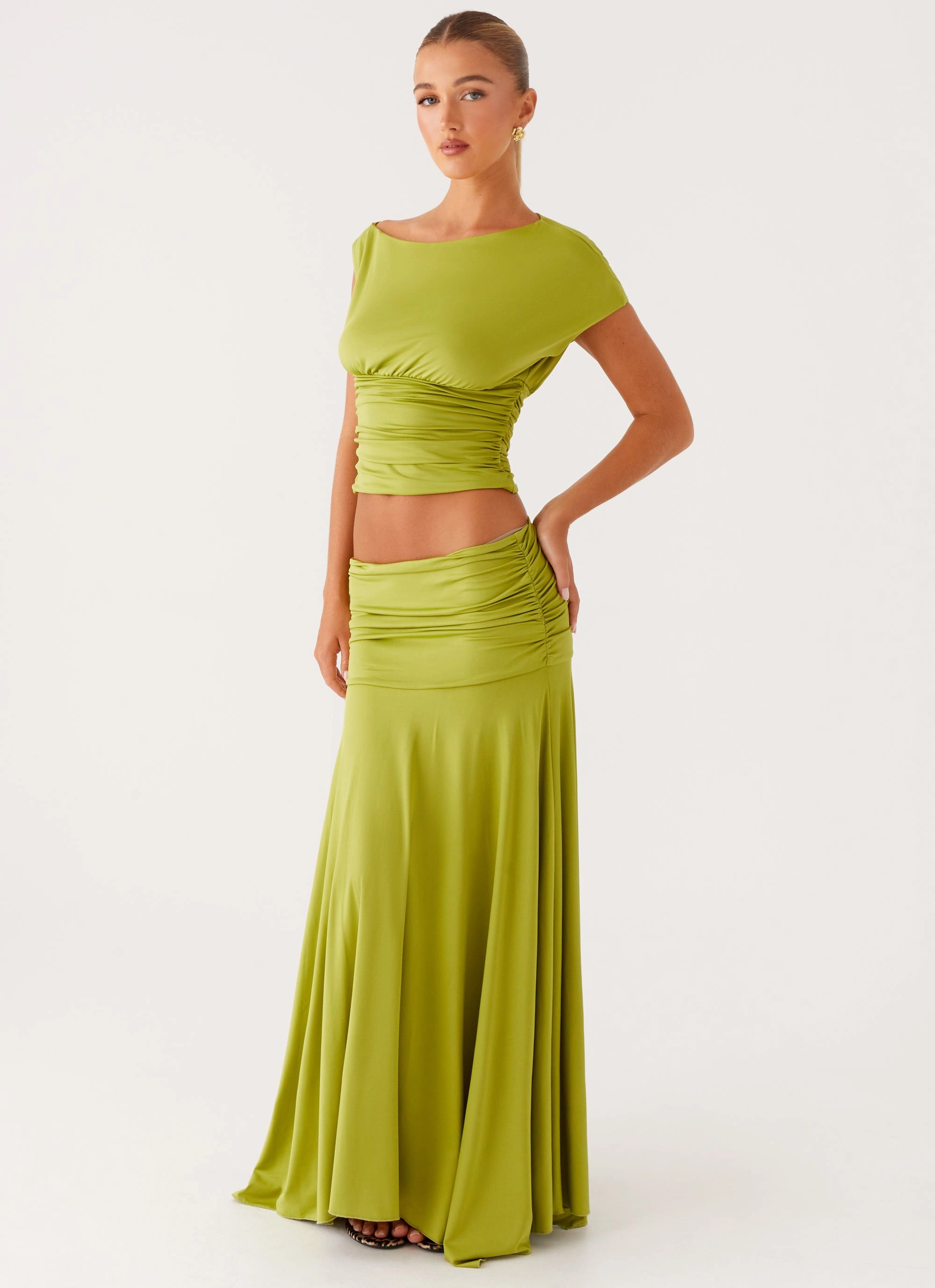 Liana Ruched Maxi Skirt - Green Simple Comfort