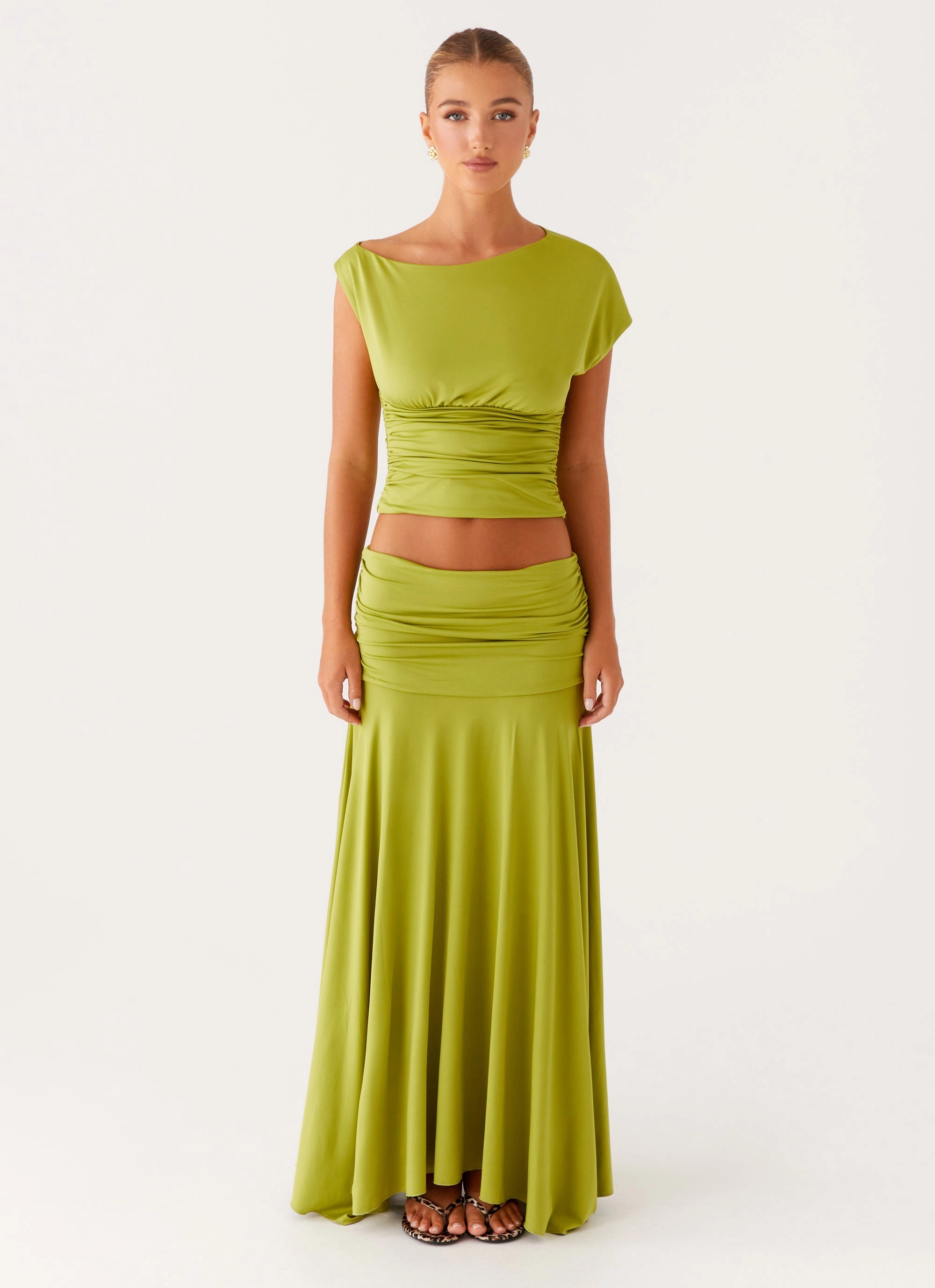 Liana Ruched Maxi Skirt - Green Foil Print