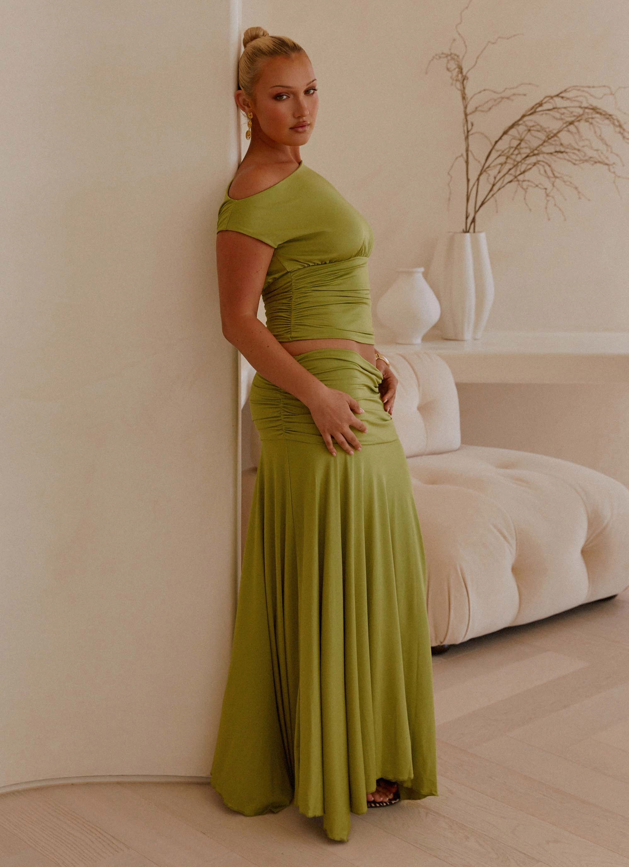 Liana Ruched Maxi Skirt - Green Breezy Flow Signature Detail