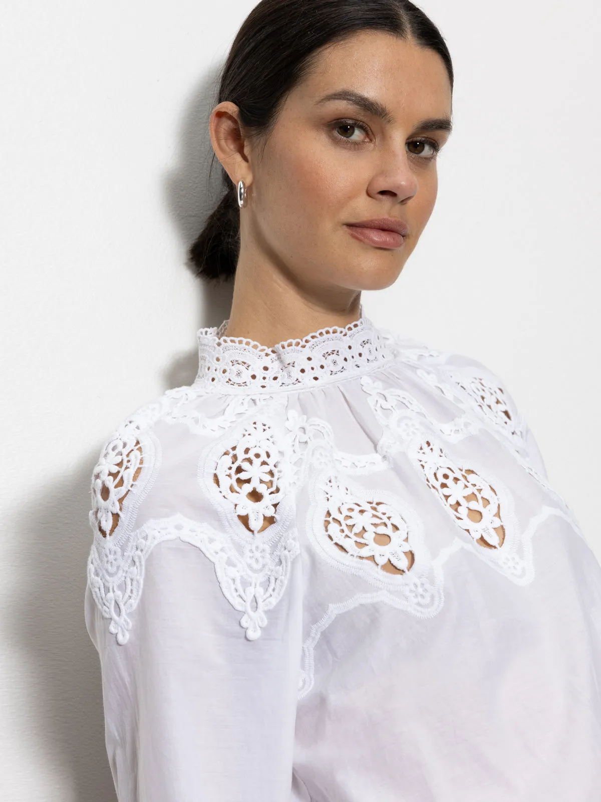 Tailored Placket Lace Popover Blouse White