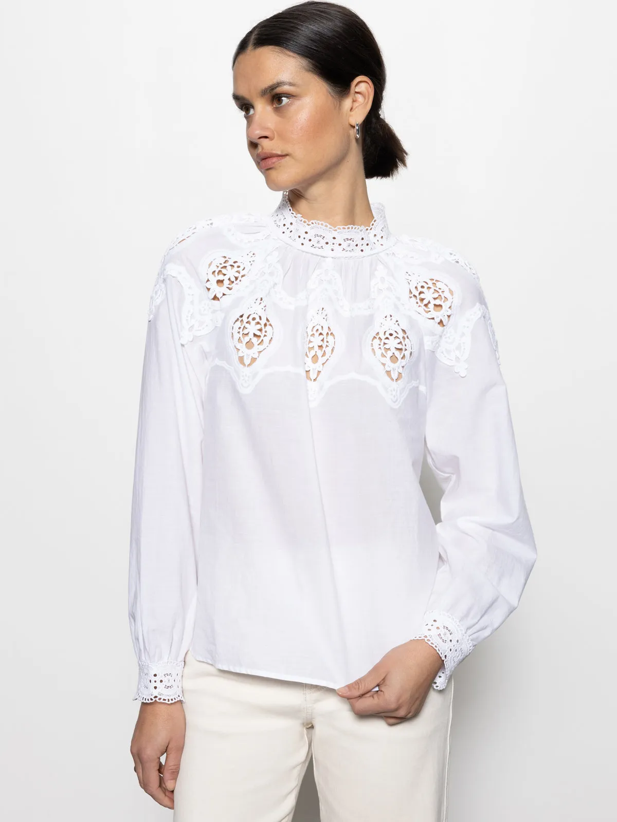 Lace Popover Blouse White TearResistantWeave ReinforcedStitching