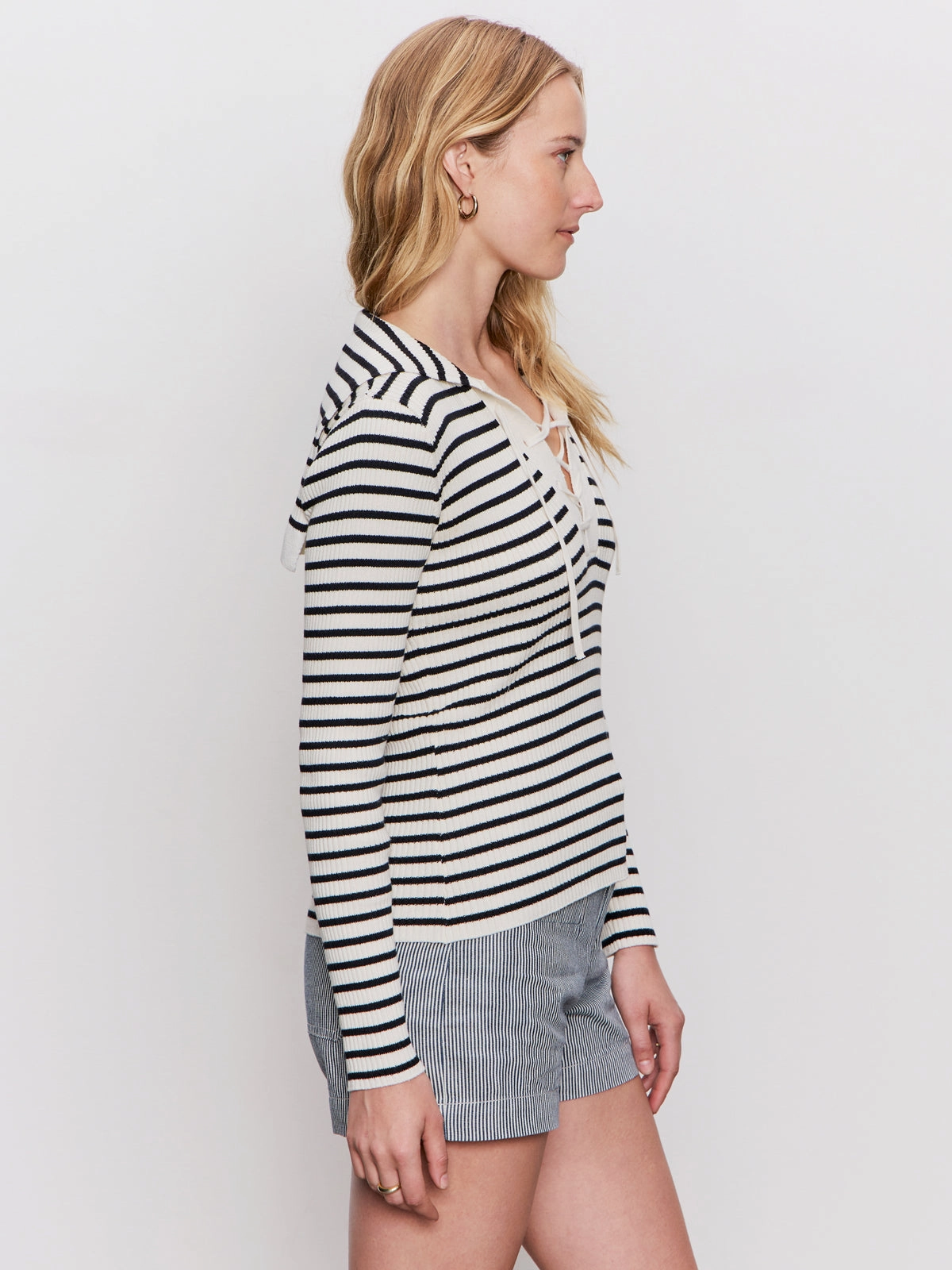 preshrunk Lace Up Popover Sweater Black Macrame Stripe