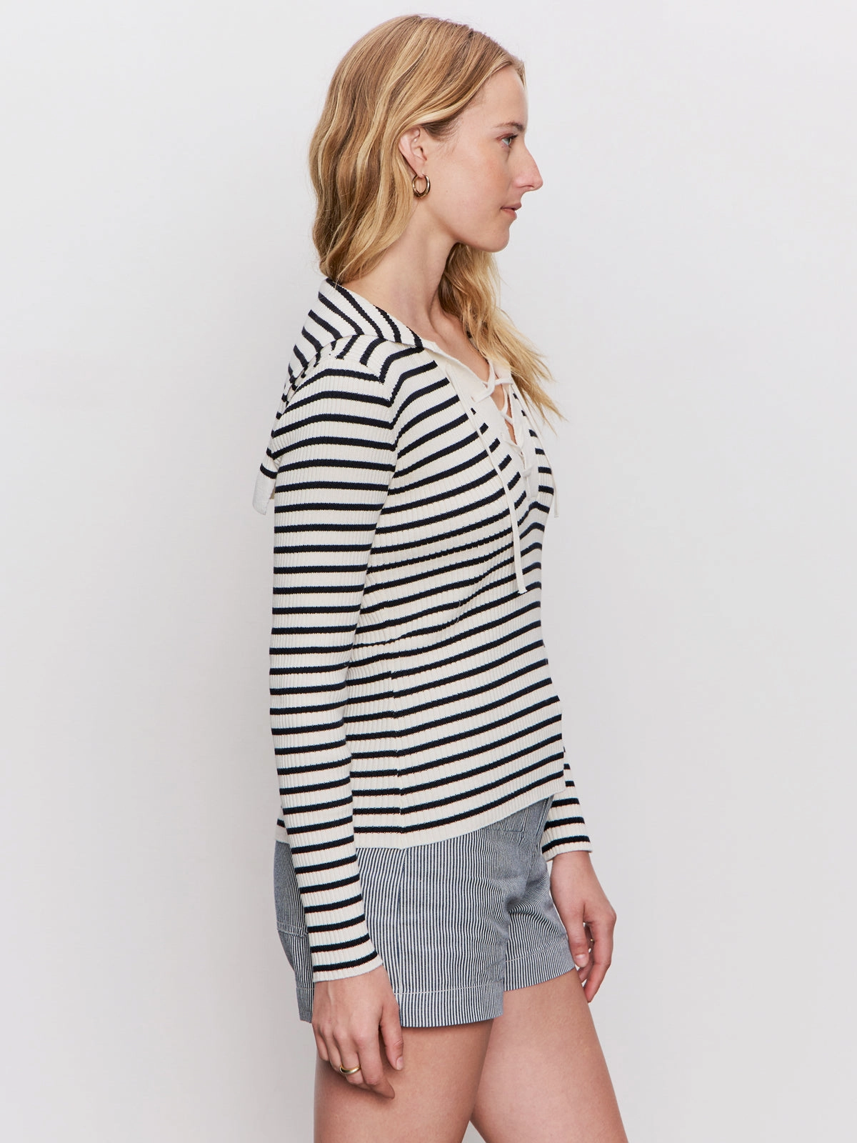 Flattering Drape Lace Up Popover Sweater Black Macrame Stripe