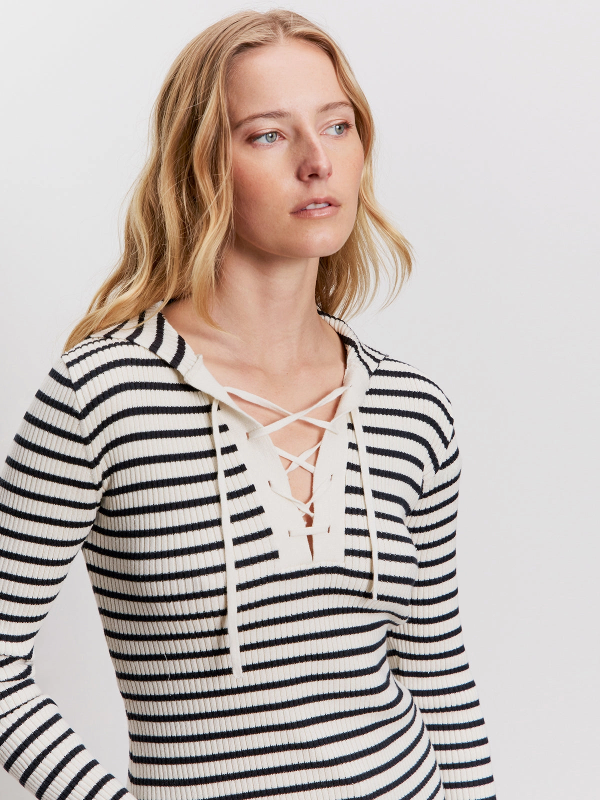 Lace Up Popover Sweater Black Macrame Stripe Durable Color Retention
