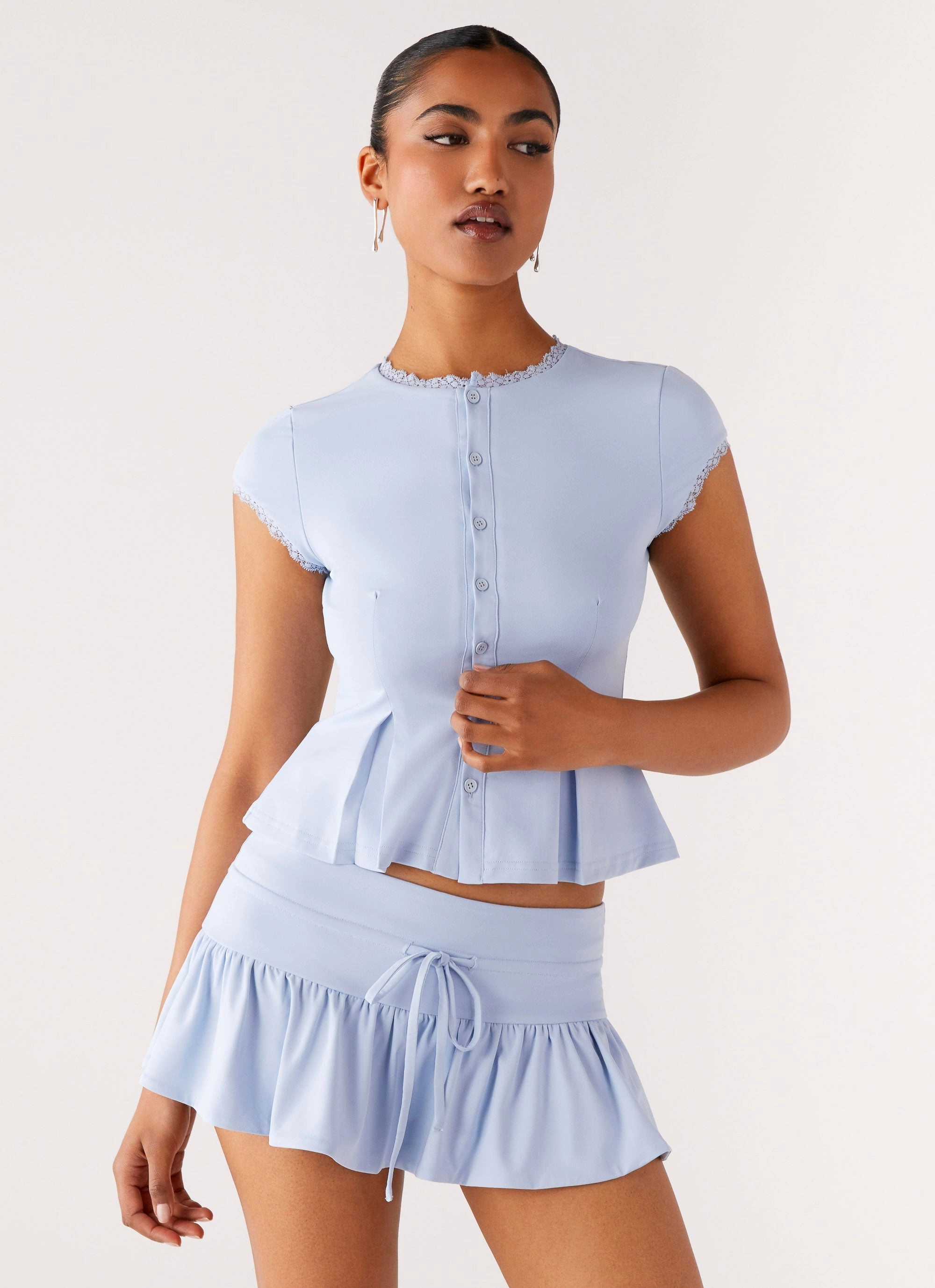 Landon Button Up Top - Blue StretchFabric Low Profile Zipper