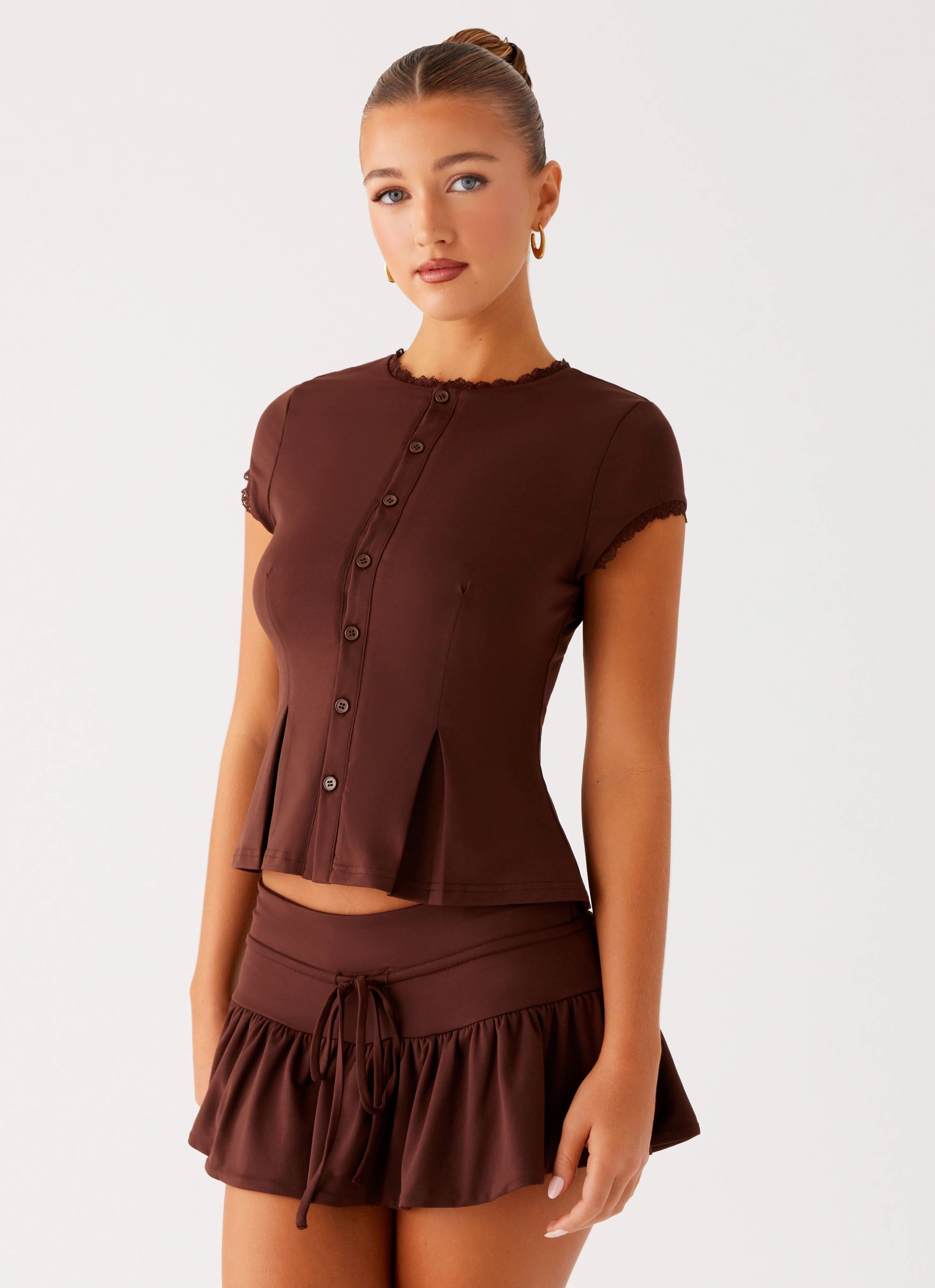 Versatile Layering Piece HighDensity Knit Landon Button Up Top - Chocolate