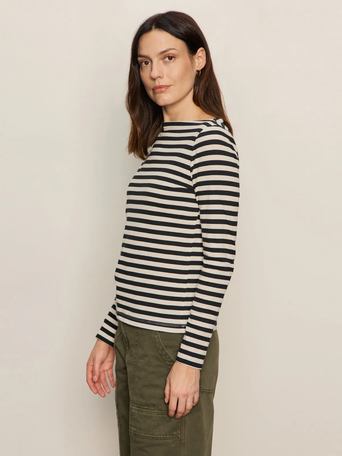 Multi Panel Construction SweatAbsorbent Boatneck Long Sleeve Tee Light Oat/Black Stripe