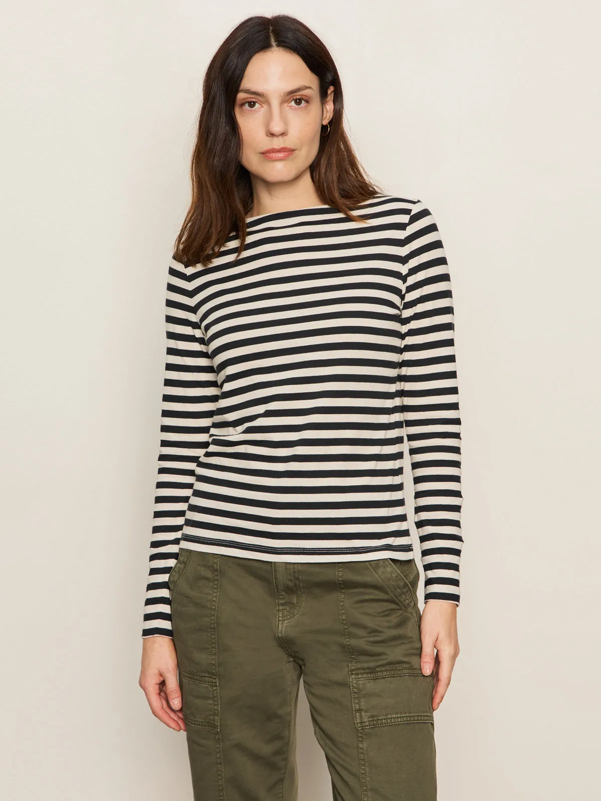 Boatneck Long Sleeve Tee Light Oat/Black Stripe Double Chest Pocket