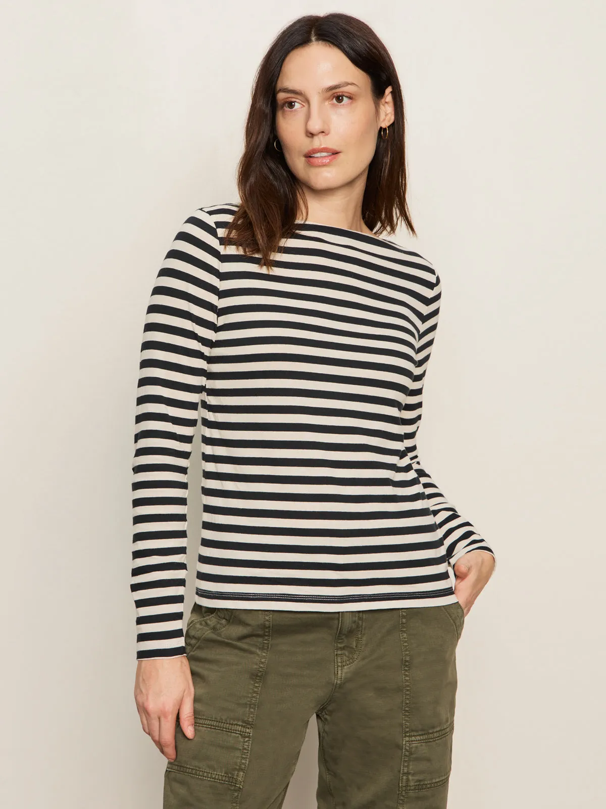 wrinkle free finish Boatneck Long Sleeve Tee Light Oat/Black Stripe