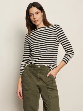 Flexible Hemline Boatneck Long Sleeve Tee Light Oat/Black Stripe