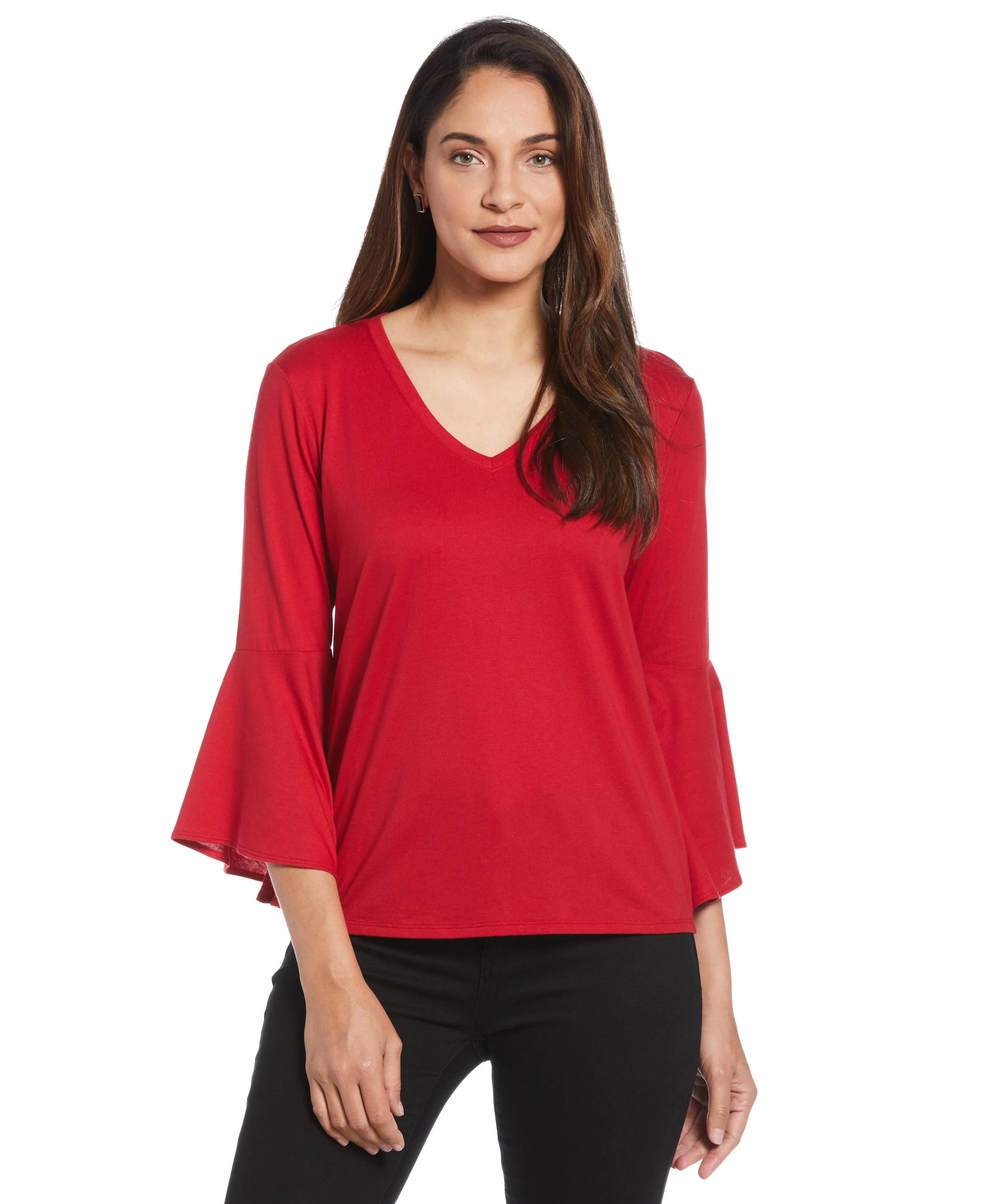 Knit V-Neck Ruffle Sleeve Top Summer Style Anti Pill Finish