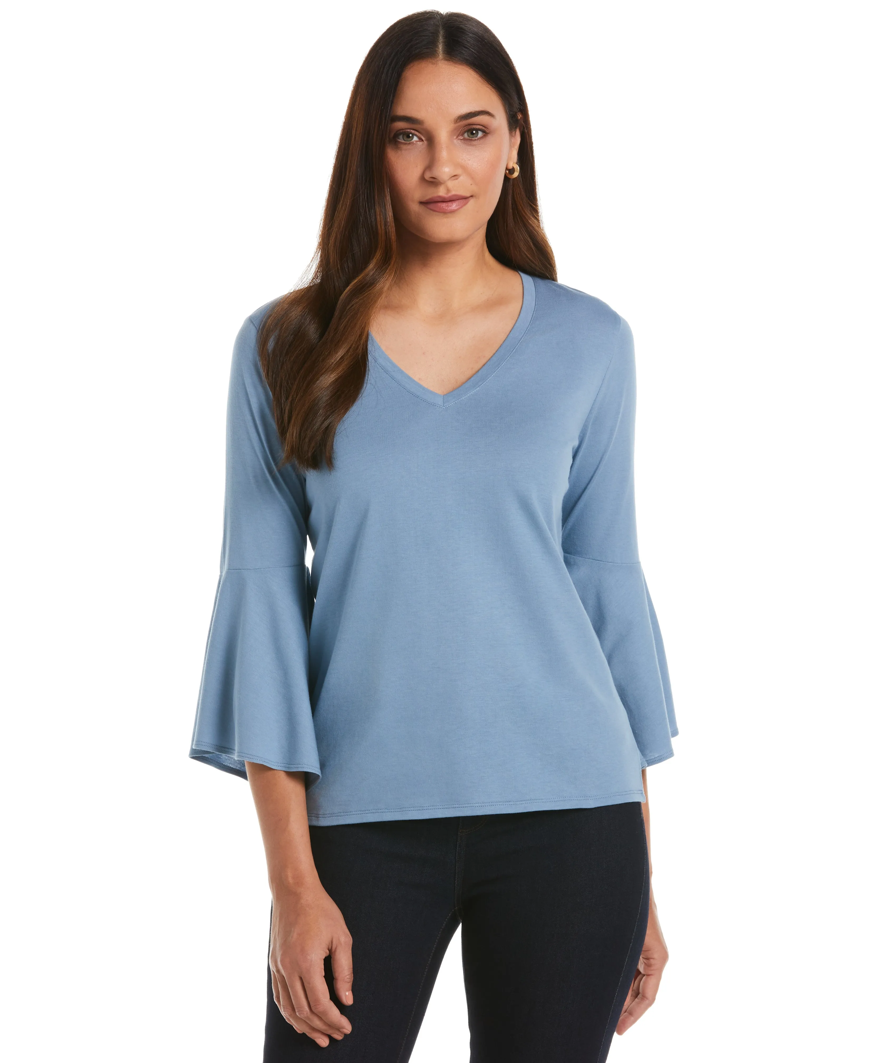 Knit V-Neck Ruffle Sleeve Top SeamlessKnitConstruction CarbonNeutral Production