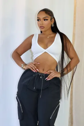 Journee Deep V Ribbed Crop Top Textured Fabric Finish