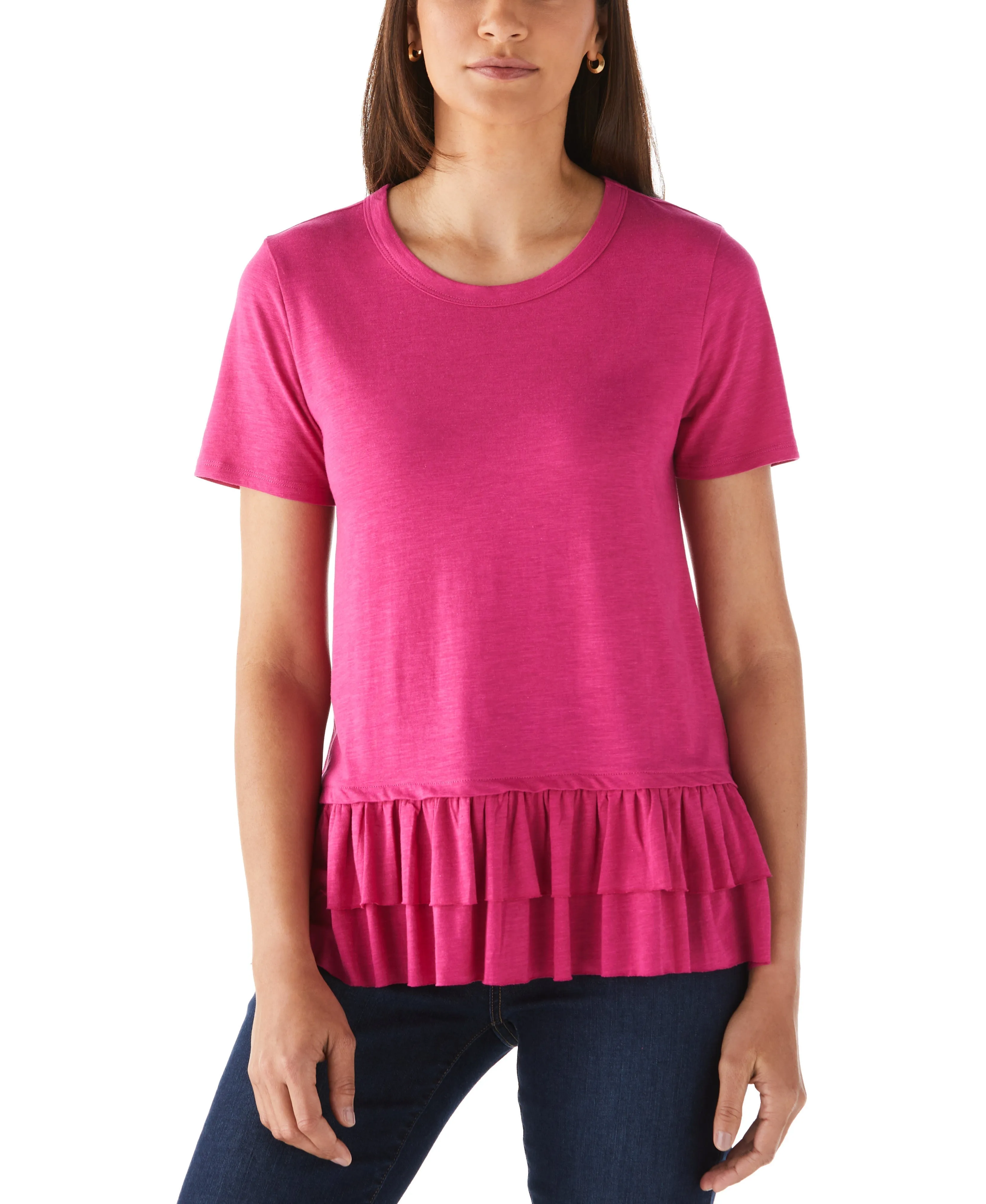 RibbedCollar LongWearingComfort Ruffle Tee