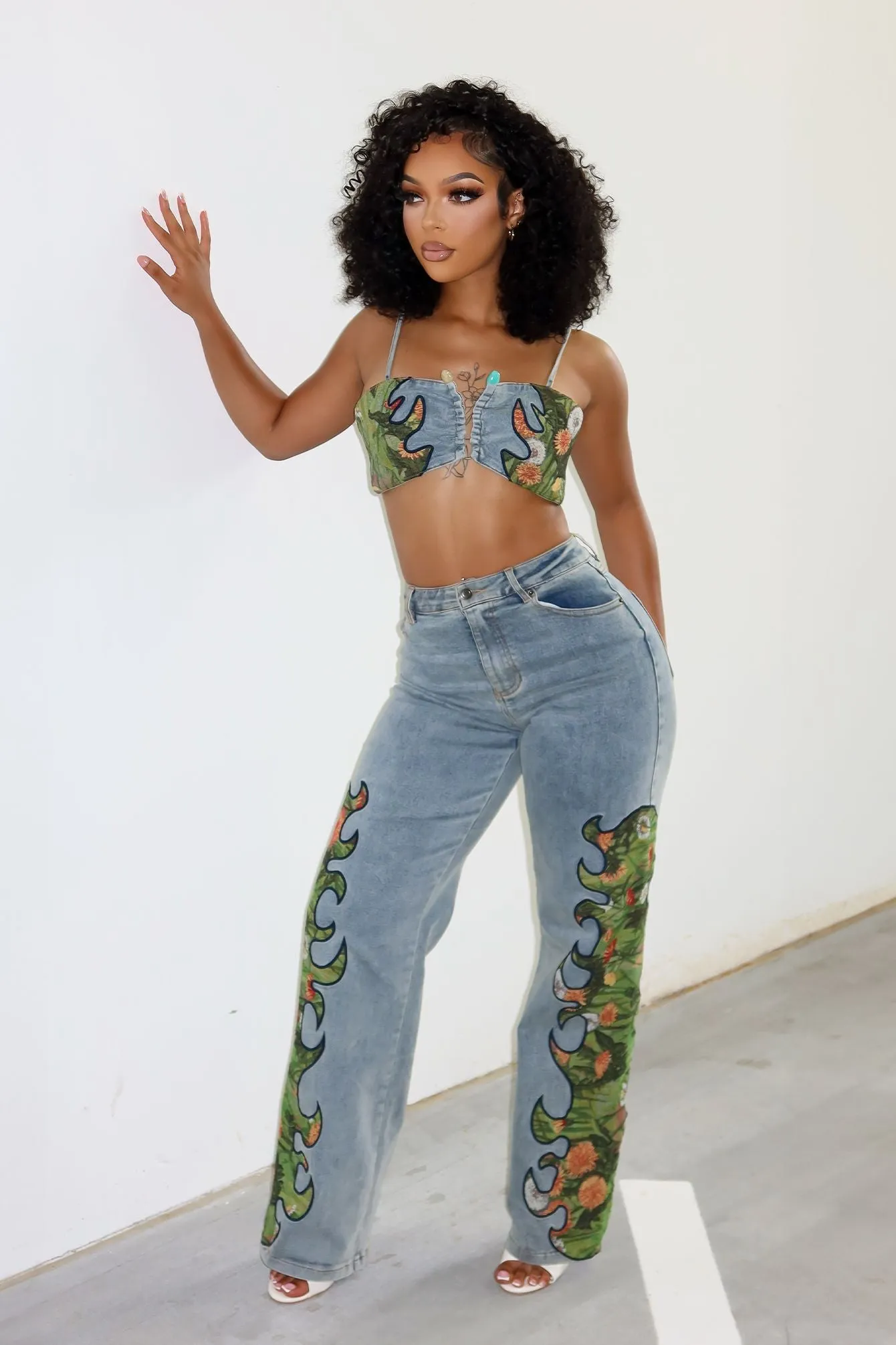 WrinkleFree Weaving Cactus Blossom Denim Top & Pants SET