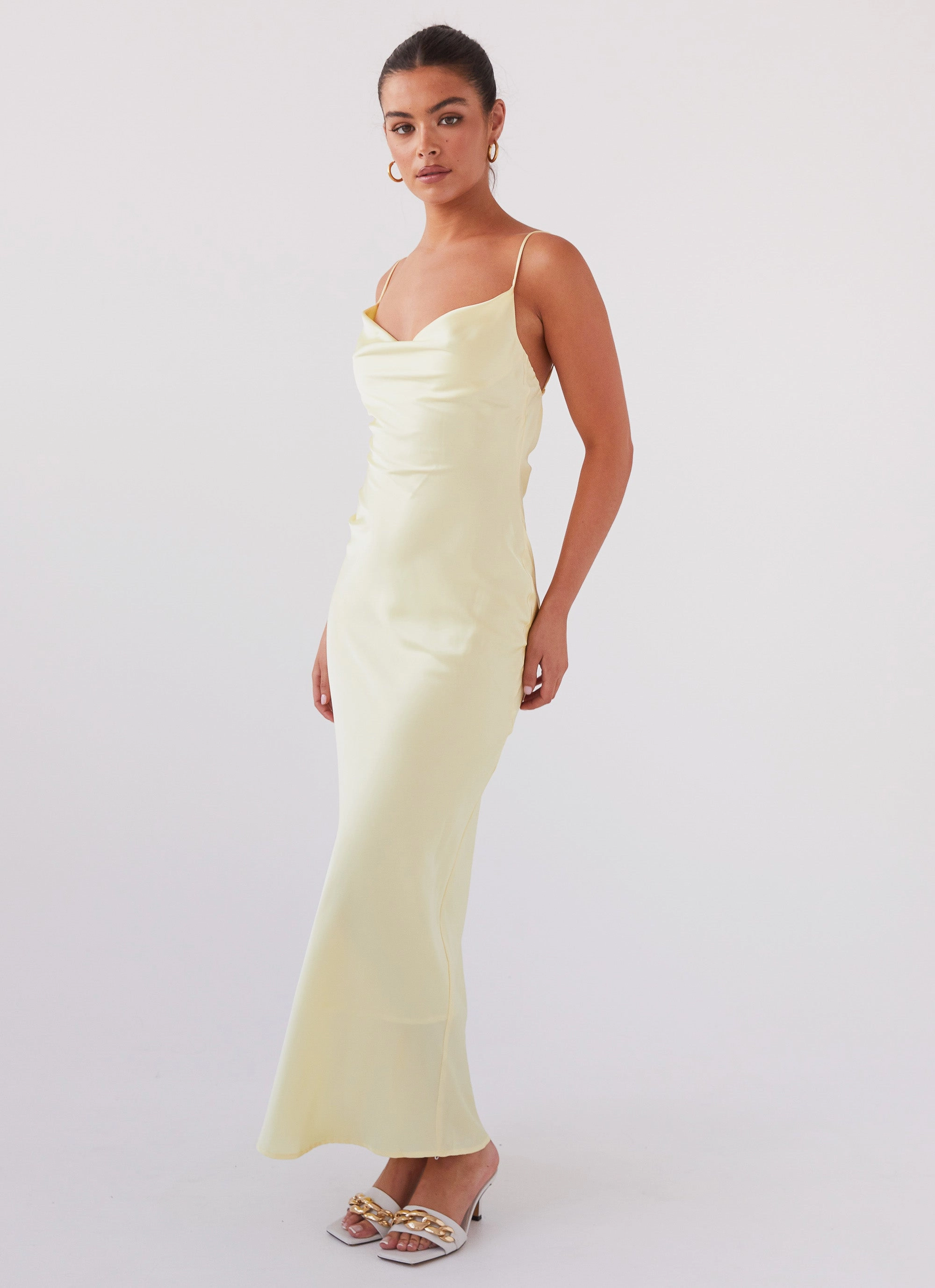Joanna Satin Maxi Dress - Lemon Back-Pocket