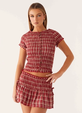 High Neckline Structure Thermal Insulation Lenore Button Top - Ruby Check