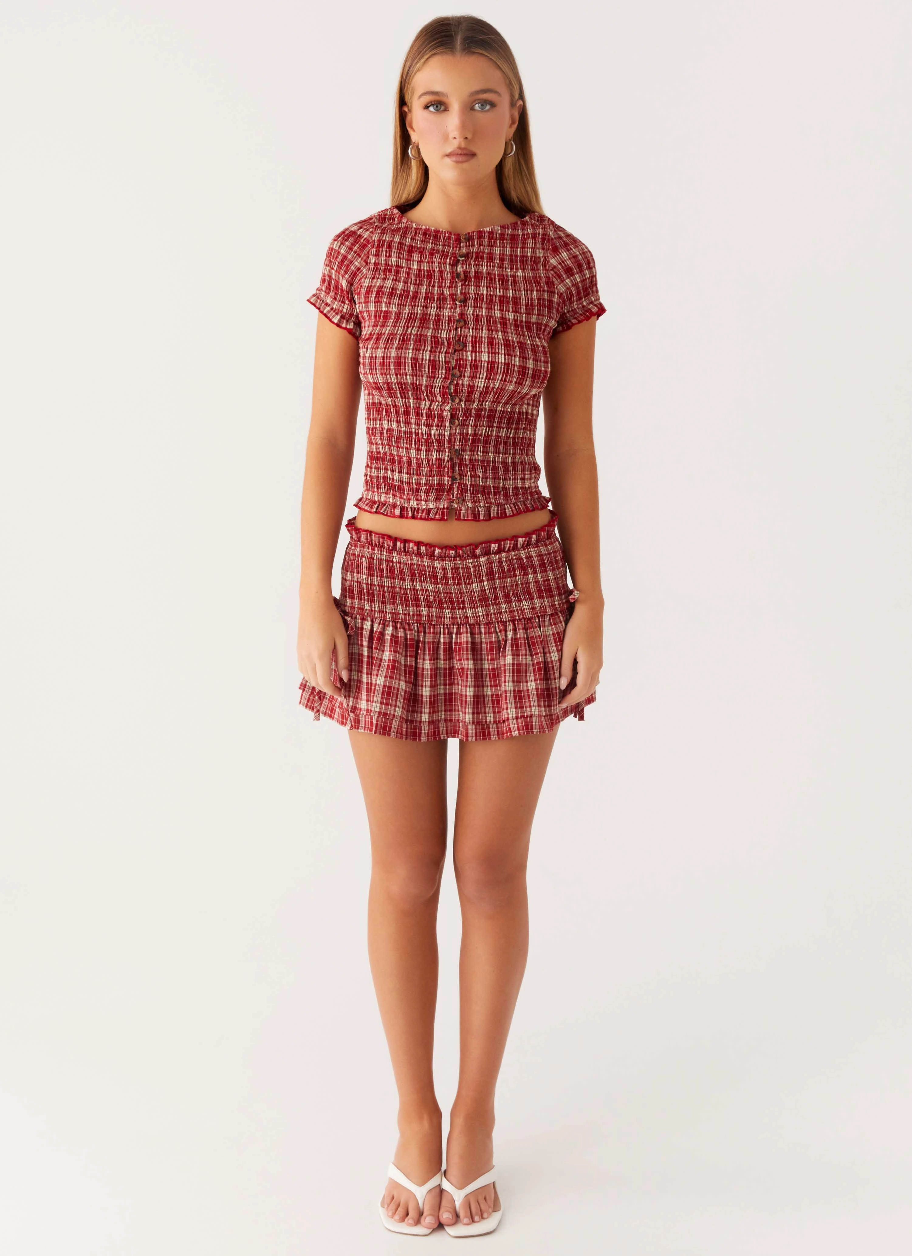 Lenore Button Top - Ruby Check DurableDoubleLayeredHem Self Cleaning Coating