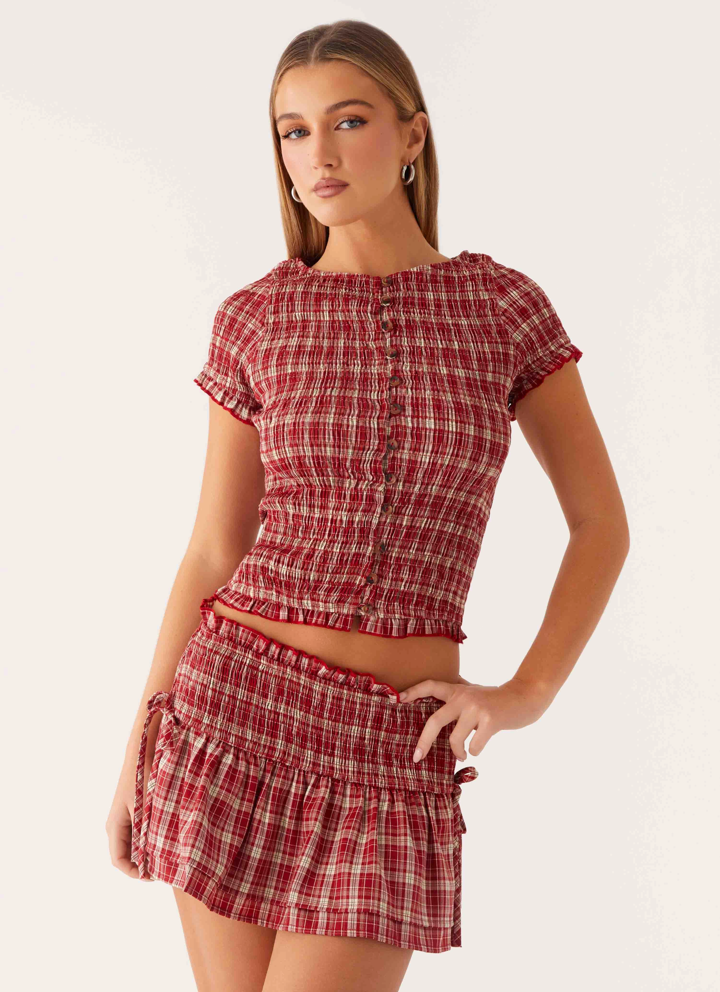 Figure Flattering Lenore Mini Skirt - Ruby Check