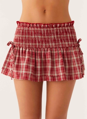 Lenore Mini Skirt - Ruby Check Embossed Detail