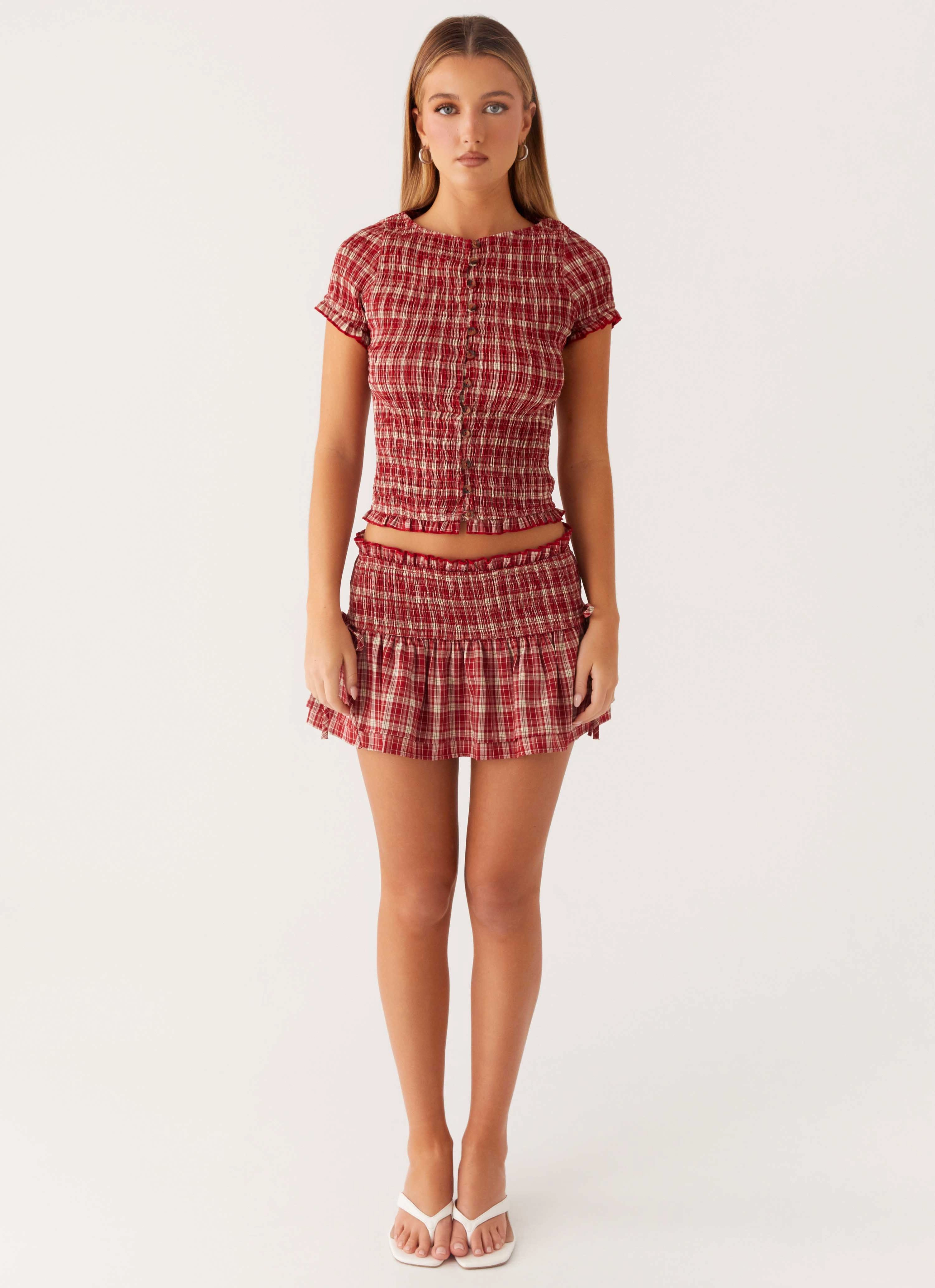Stain Resistant Weave Lenore Mini Skirt - Ruby Check