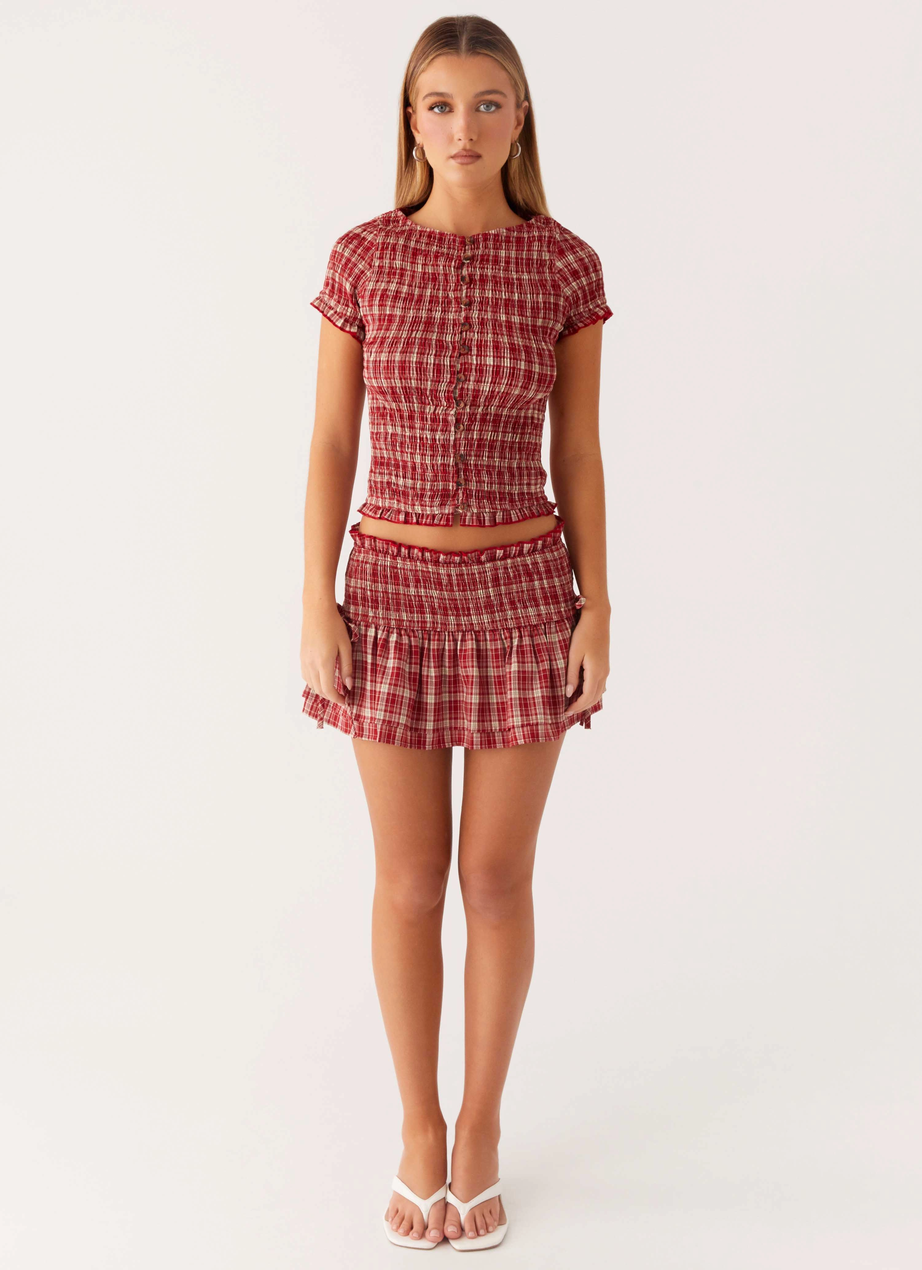 Lenore Mini Skirt - Ruby Check Outdoor Gathering