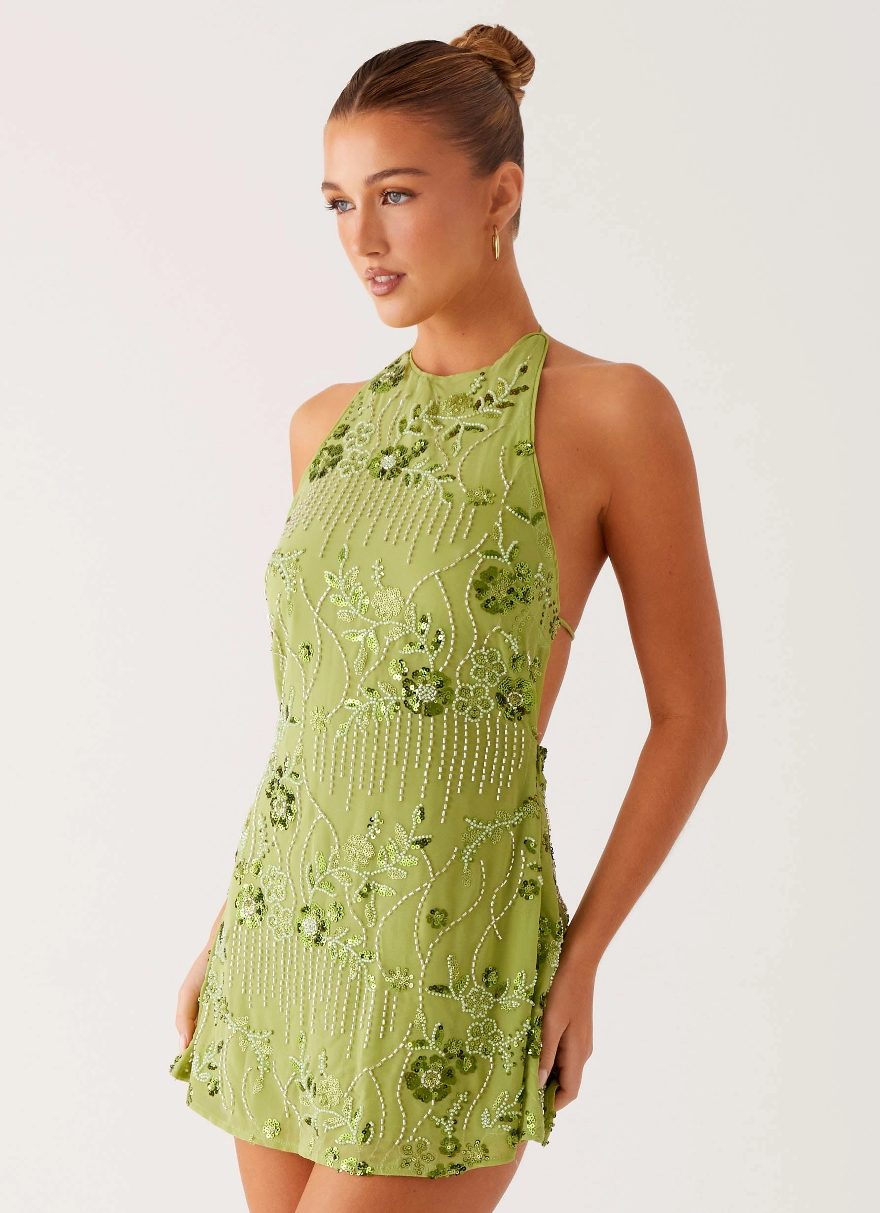 Leo Beaded Mini Dress - Green Drawstring-Waist Timeless Look