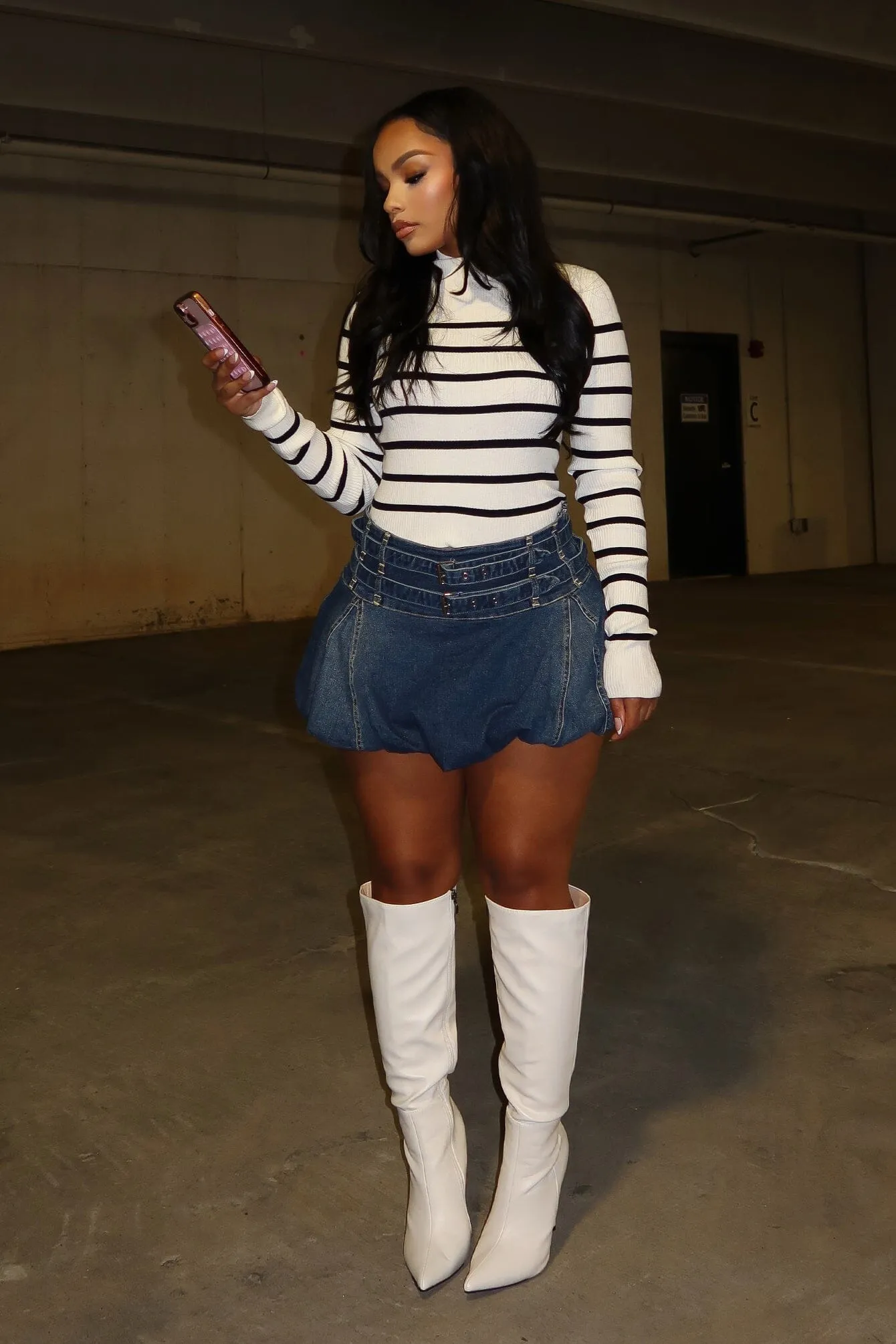 Leonie Denim Bubble Mini Skirt Gripper Waistband Relaxed Waist