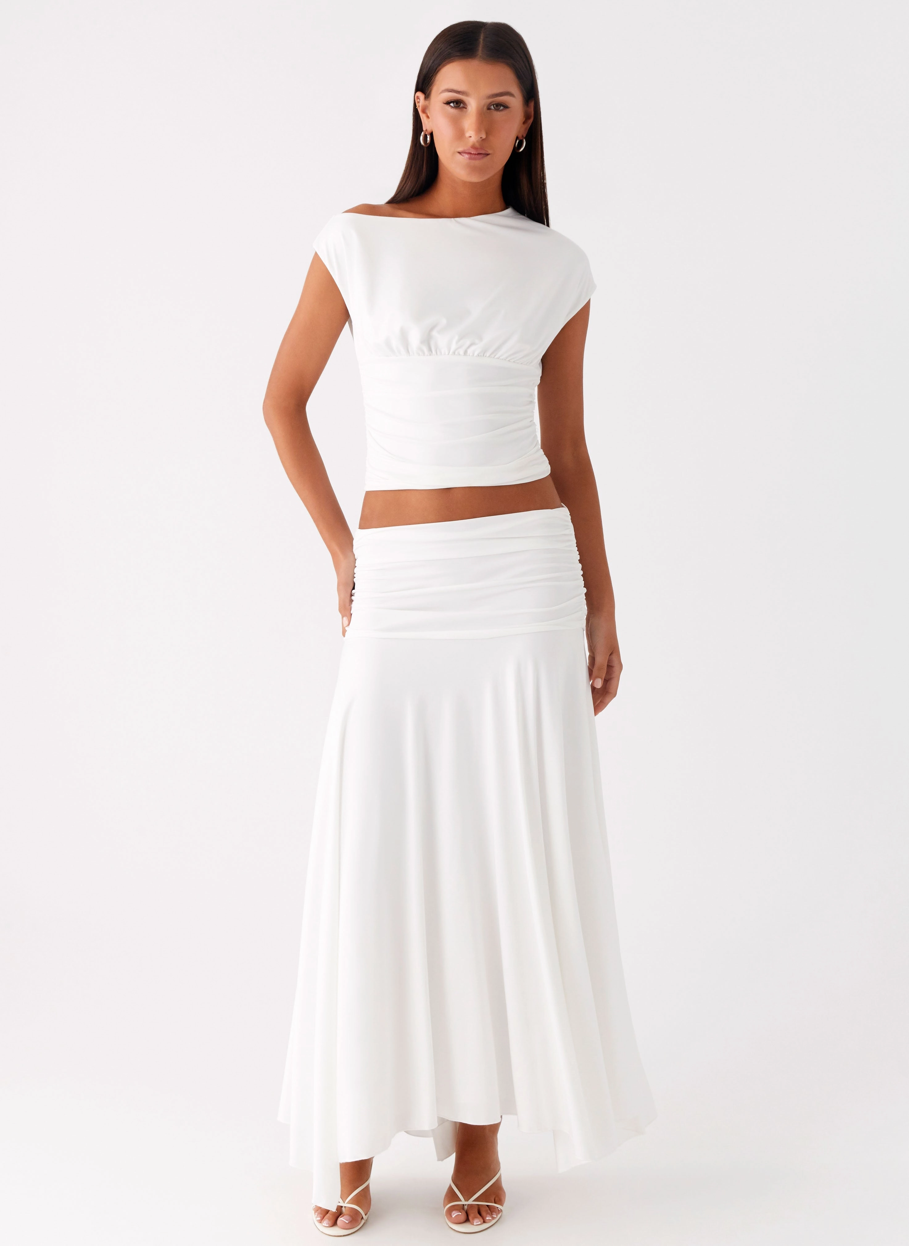 Liana Ruched Maxi Skirt - White Casual Edge Fall Favorite