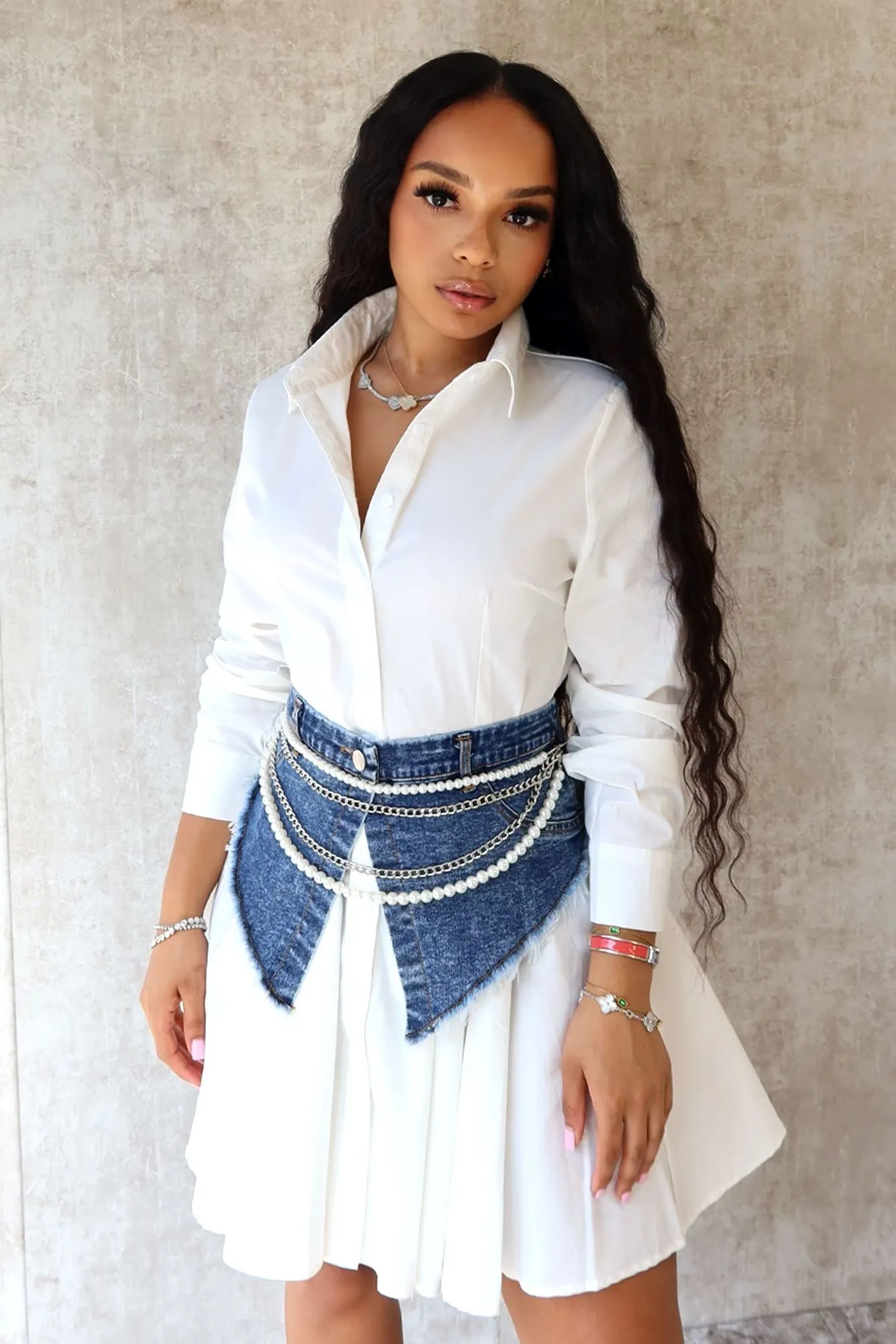 Thea Pearl & Chain Draped Denim Belt TaperedLeg No Gap Waist