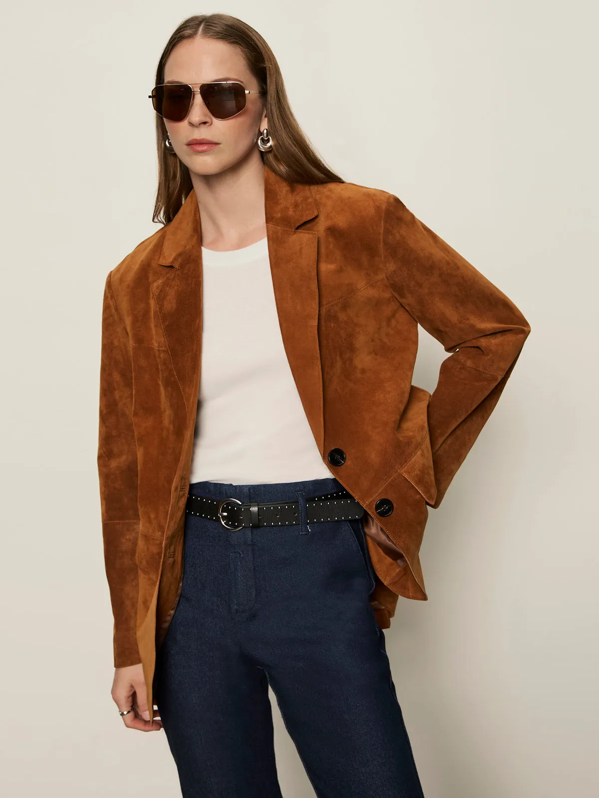 Modern Suede Blazer Bronze Durable Overlock Stitch Biodegradable Fiber Composition